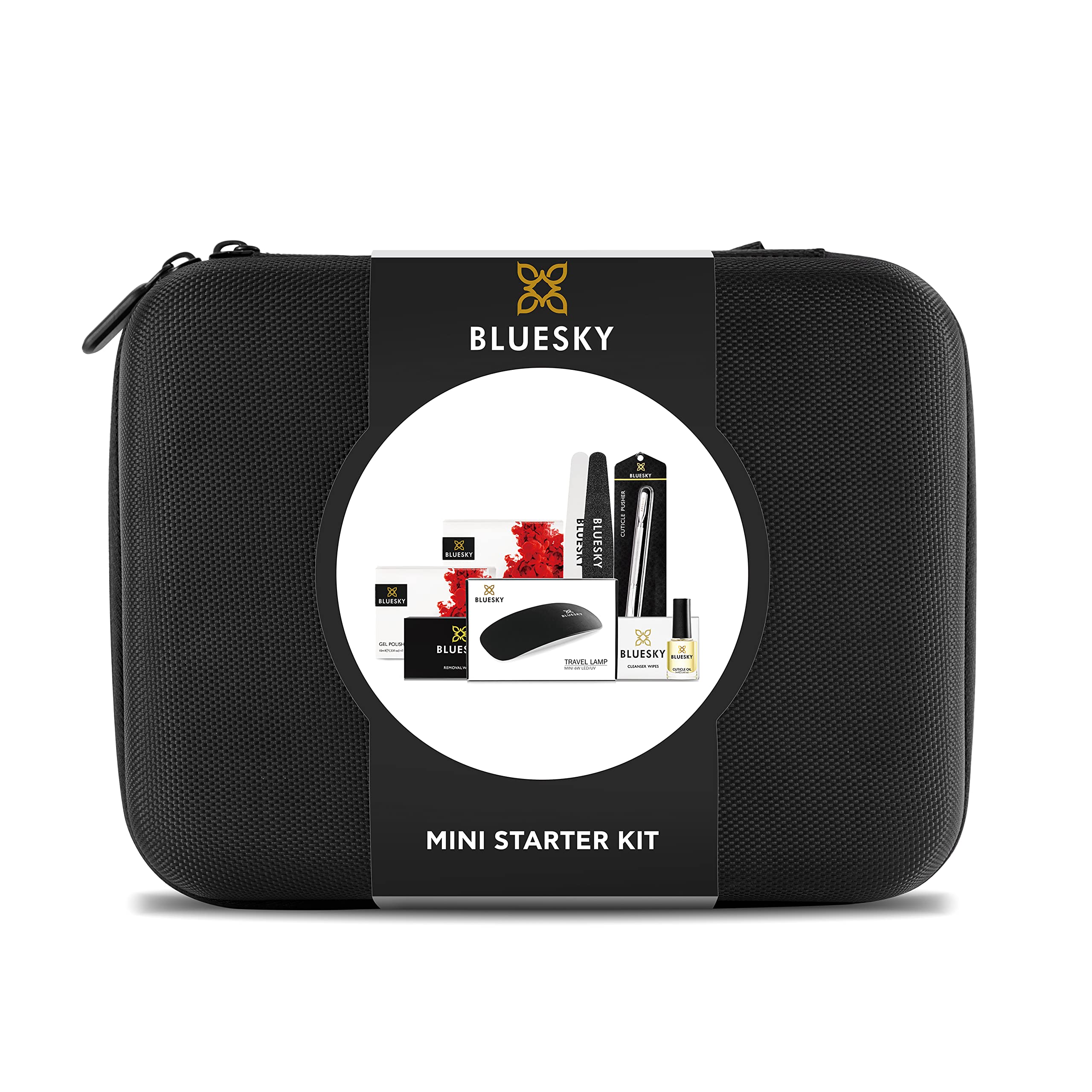 BLUESKY Mini UV Gel Travel Set mit LED-Lampe, Reinigungstüchern, Nagelfeile und -buffer, Überlack, Unterlack und den 3 Farben (BLUESKY Mini Starter Set)