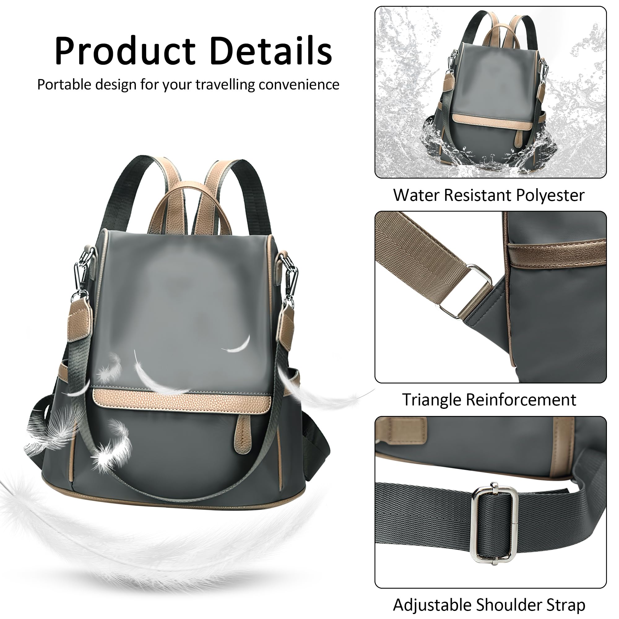 Antifurto Zaino da Donna Zaino Viaggio Borsa a Tracolla Zaino per Donna Leggero Grande Capacità Impermeabile per Scuola Lavoro Datazione Studentessa Universitaria Grigio M