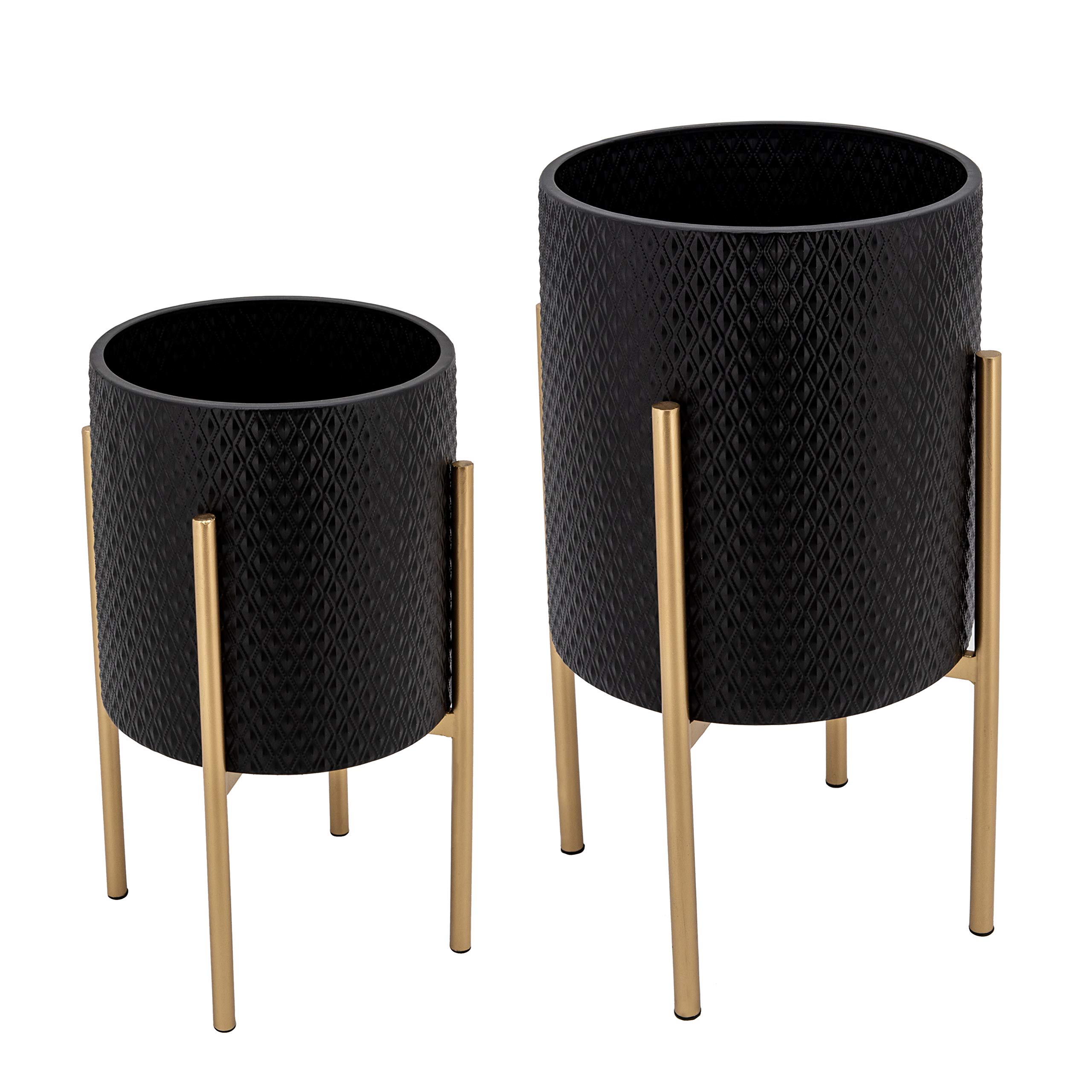 Set of 2 Metal Decorative Planter Pot with Gold Stand – Outdoor & Indoor Plant Pot with Embossed Textured Finish – Modern Garden & Home Decor Iron Planters – 23" & 19", Black