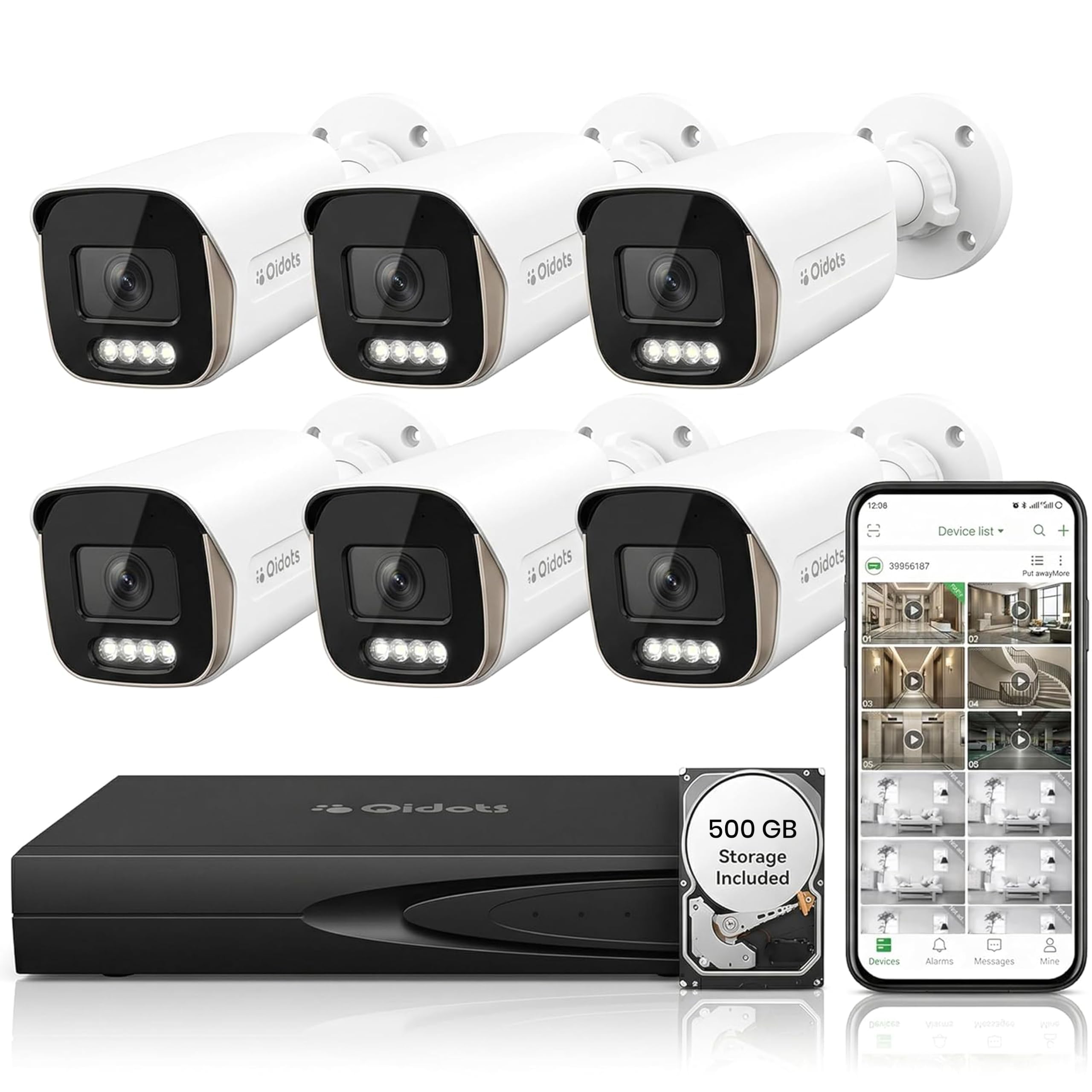 Qidots 6 Channel CCTV Combo Set 4K 8 MP IP Bullet Cameras, 8 Channel NVR with POE Switch and 500GB HDD Hard Disk 6pc Metal Body Bullet Camera ColourVu Dual Mode
