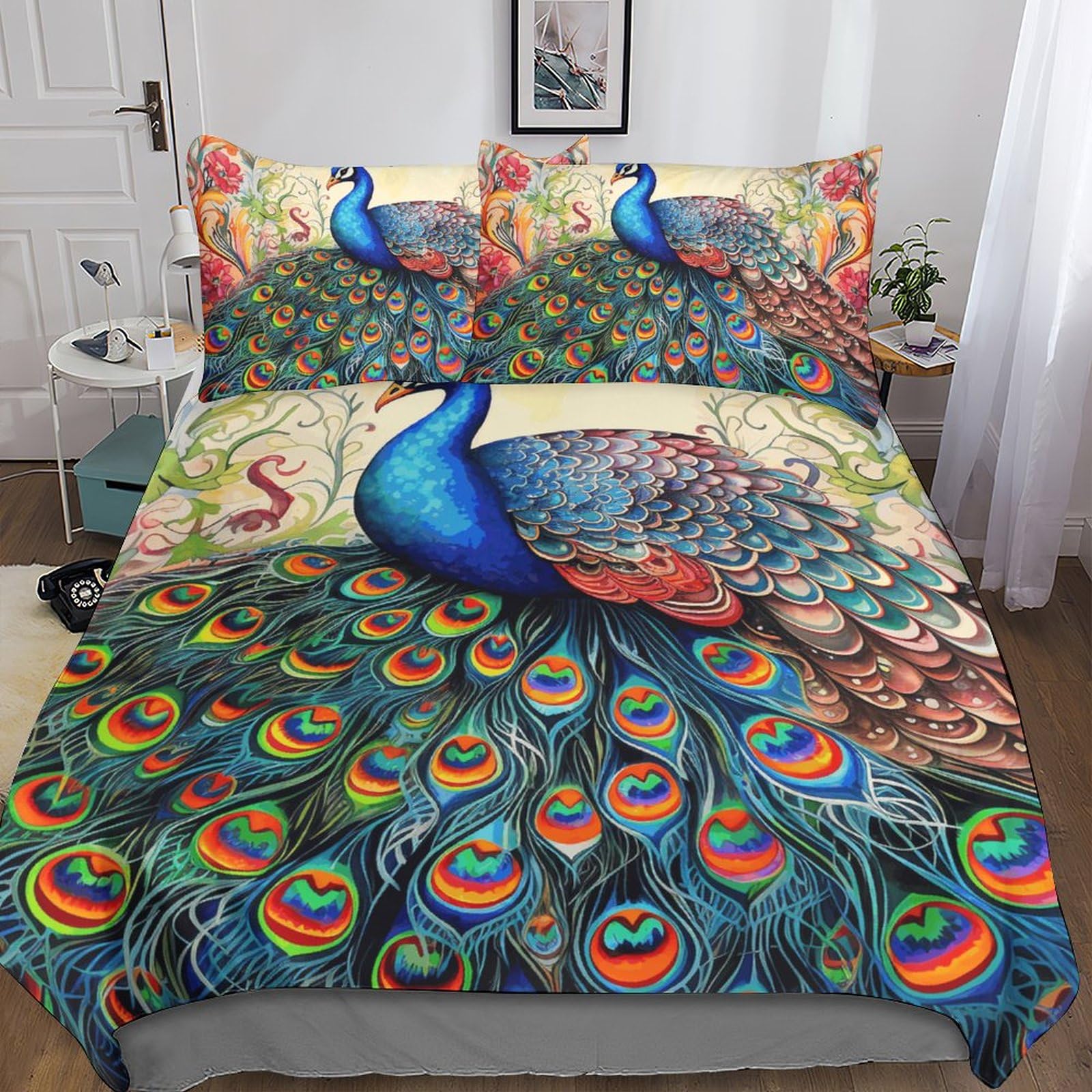 Housse de couette paon coloré animaux 3D parure de lit microfibre avec éclair