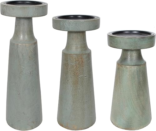 Juego de 3 portavelas de madera de mango, 12 pulgadas, 10 pulgadas, 8 pulgadas de altura (salvia)