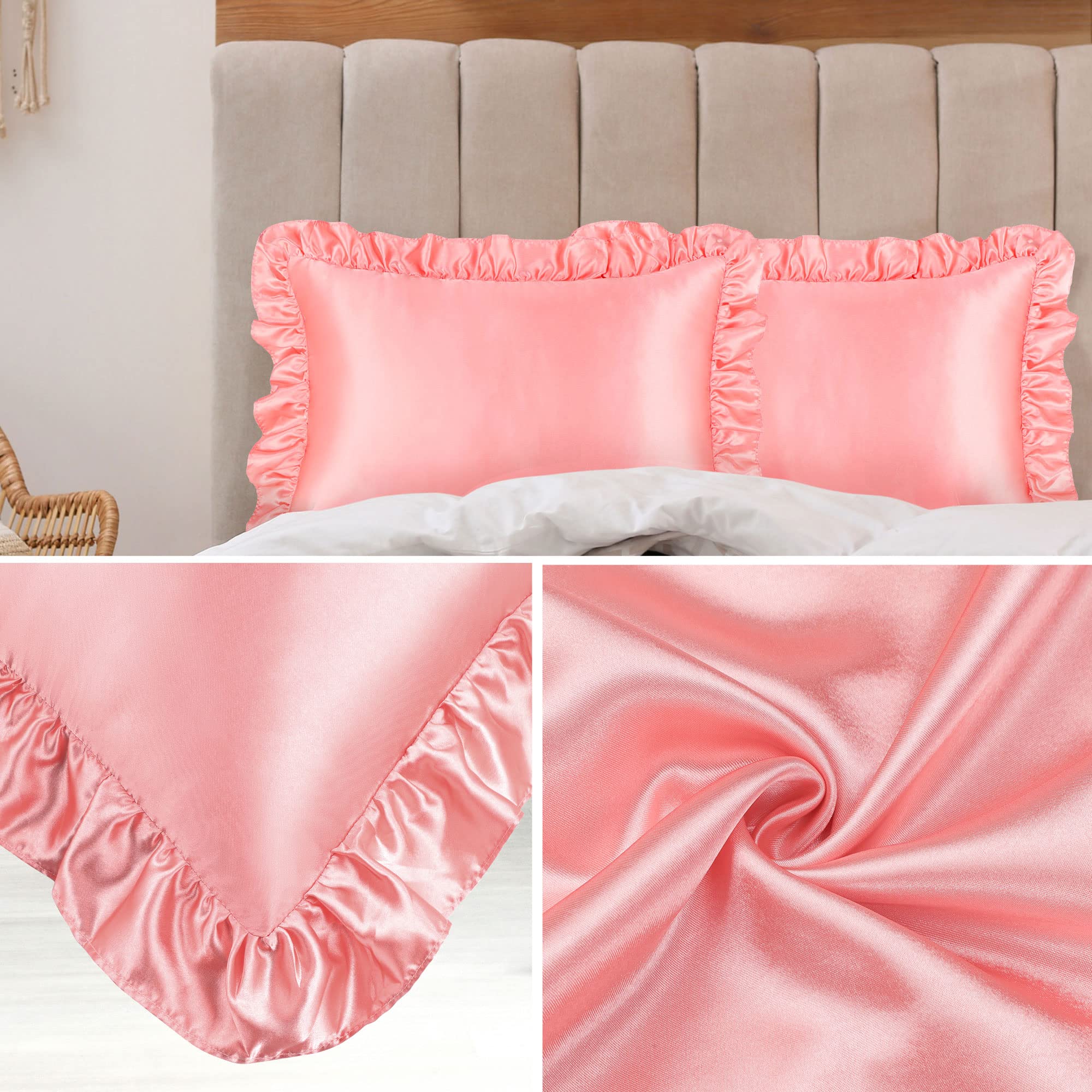 2 Federe In Raso Con Volant - Set Lusso Per Capelli E Pelle | Bianco 50x75 Cm, Chiusura A Busta - Foto 2