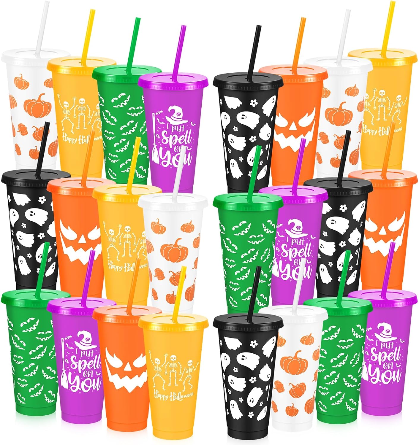 Yoiemivy 24 Pack Halloween Plastic Cups Bulk 24 oz Reusable Halloween Party Cups Cute Ghost Tumblers with Lids and Straws for Party Drinkware Supplies