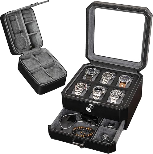 ROTHWELL Juego de regalo Caja de reloj de cuero con 6 ranuras y funda de viaje a juego para 5 relojes, organizador de exhibición de lujo para