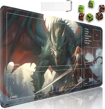 JVGFYNKL TCG Playmat, Magic The Gathering Ultra Pro Playmat with Zones, 24x14 in Non-Slip Rubber MTG Playmat with Drawstring Travel Pouch and 6 Dice, Dragons Sin of Wrath MTG Mat, Card Game Playmats