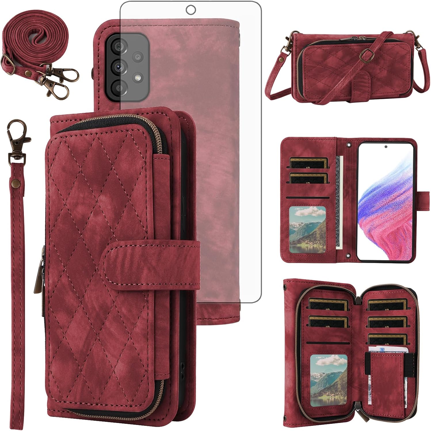 Phone Case for Samsung Galaxy A53 5G Wallet Cell Cover with Tempered Glass Screen Protector Crossbody Lanyard Strap Flip Stand Zipper Purse Card Holder Slot A 53 G5 53A SM A536U 6.5" 2022 Women Blue