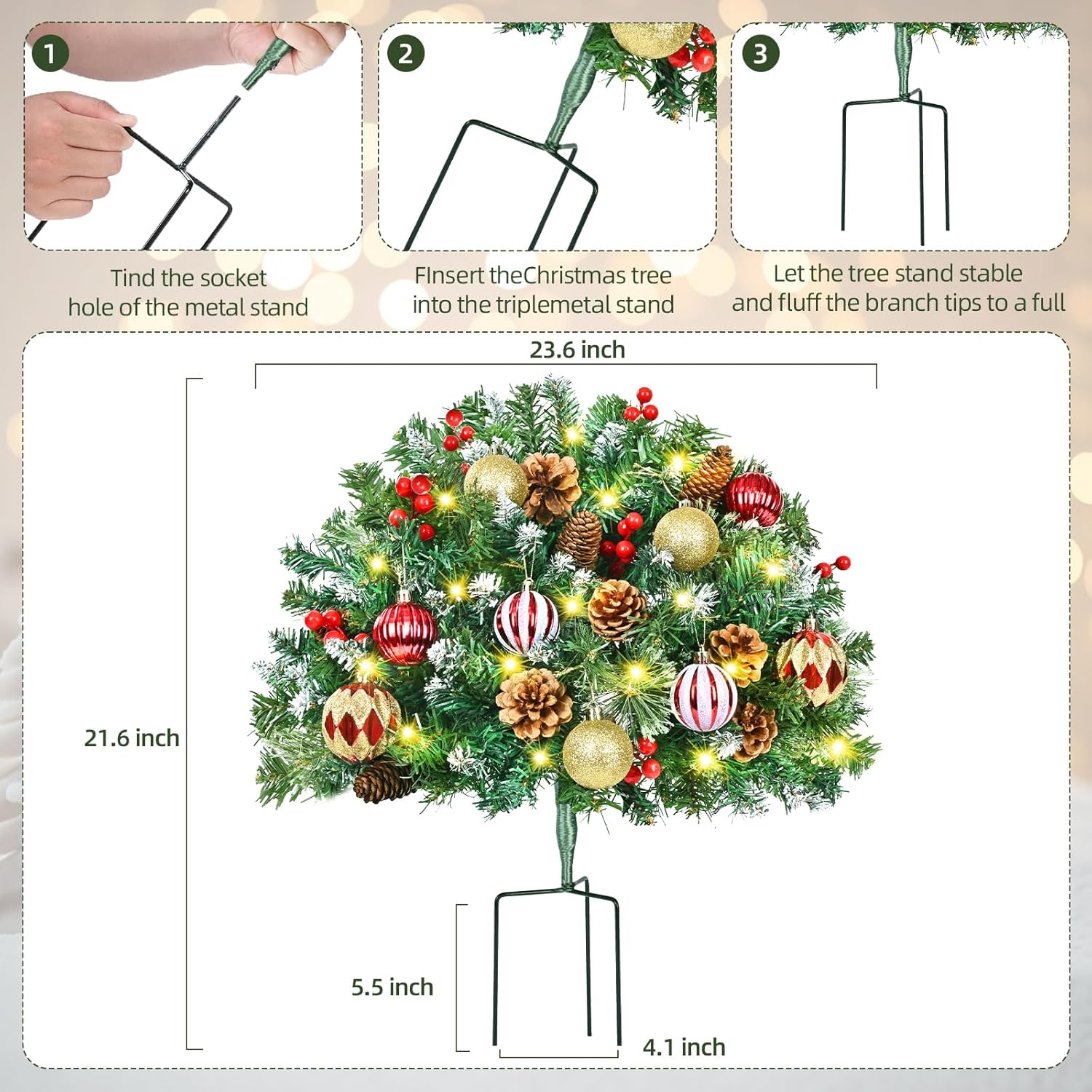 2 Pack 23" Outdoor Christmas Tree Urn Filler, Christmas Planter Filler with 50 LED Lights, Pine Cones, Christmas Balls & Red Berries, Tripod Stake for Outdoor Holiday Home Decorations