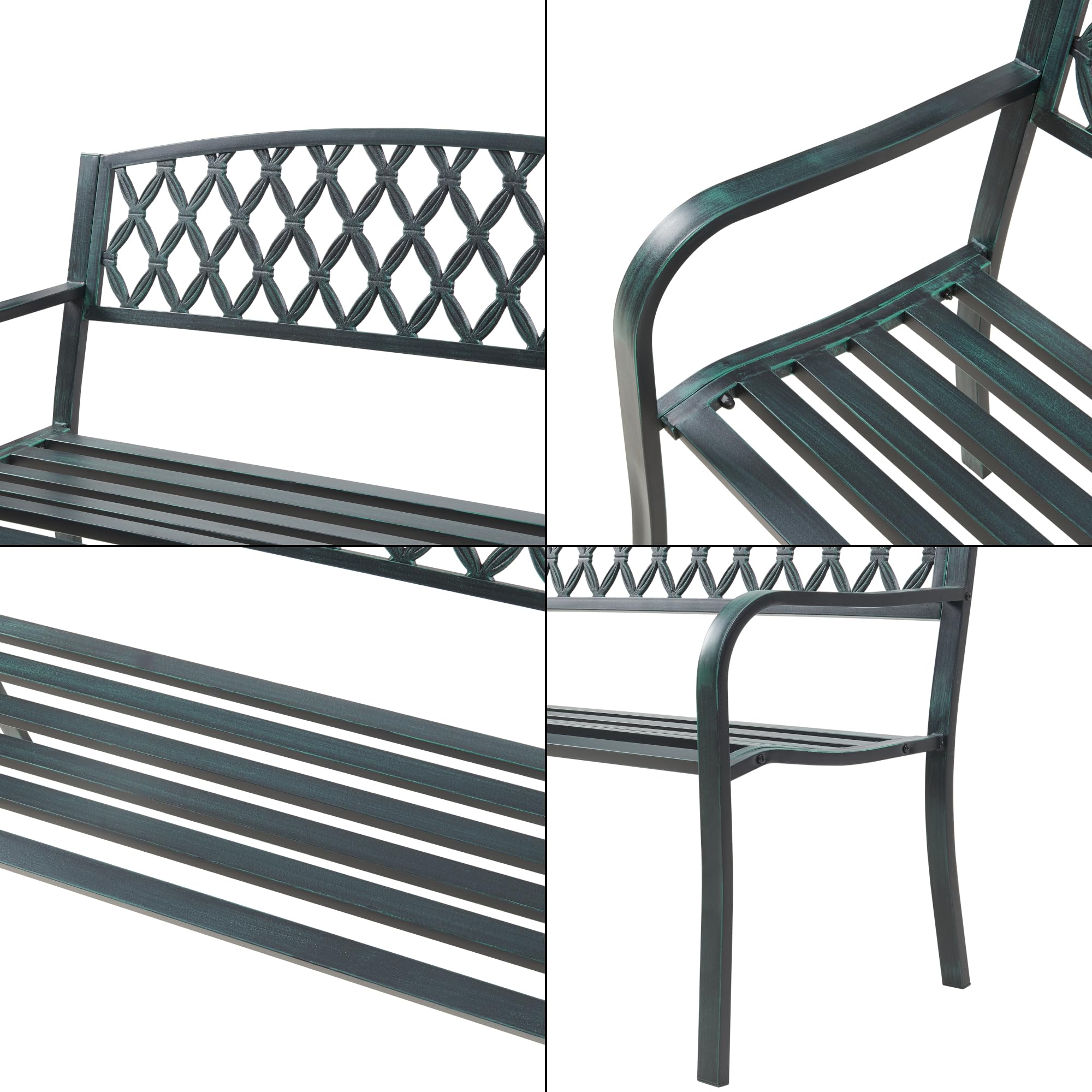 casa.pro Ławka ogrodowa Opsasar ciemnoszara z zieloną patyną dla 2-3 osób, stal 127 x 54 x 88 cm, meble ogrodowe, ławka do siedzenia z oparciem, odporna na warunki atmosferyczne ławka do siedzenia na