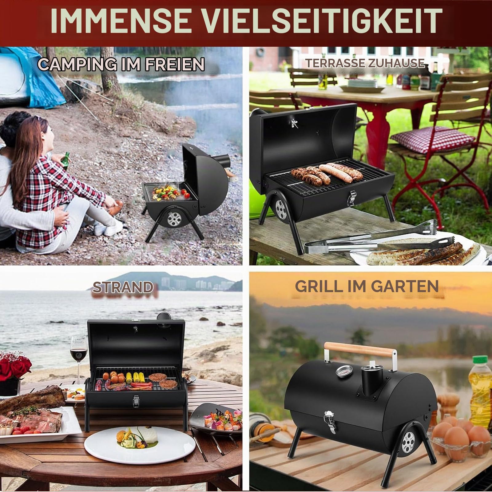 Tragbarer Holzkohlegrill mit Deckel und Thermometer, Tischgrill | Kompakter Tischgrill für 1-3 Personen mit 34 × 22 cm Grillfläche, 0–350 °C Thermometer und Luftregulierung