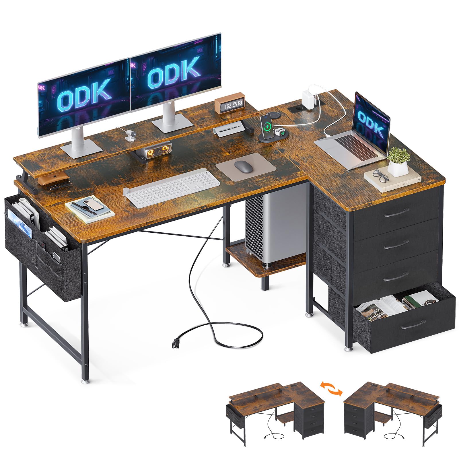 ODK Escritorio Esquinero con 4 Cajones, Escritorio en L Reversible con 2 Puertos de Carga USB y 2 Enchufes, Mesa en L con Estante para Monitor para Oficina en Casa (Marrón, 140x80x84.7cm)