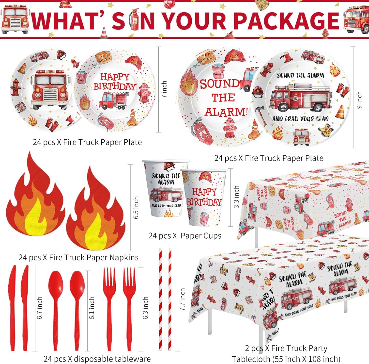 Firetruck Birthday Decorations, Firefighter Party Decorations, Fireman Birthday Plates and Napkins Set, Cups, Tablecloth, Backdrop, Banner, Balloons, Swirls, Topper, Tattoos, Cutlery, Serves 24