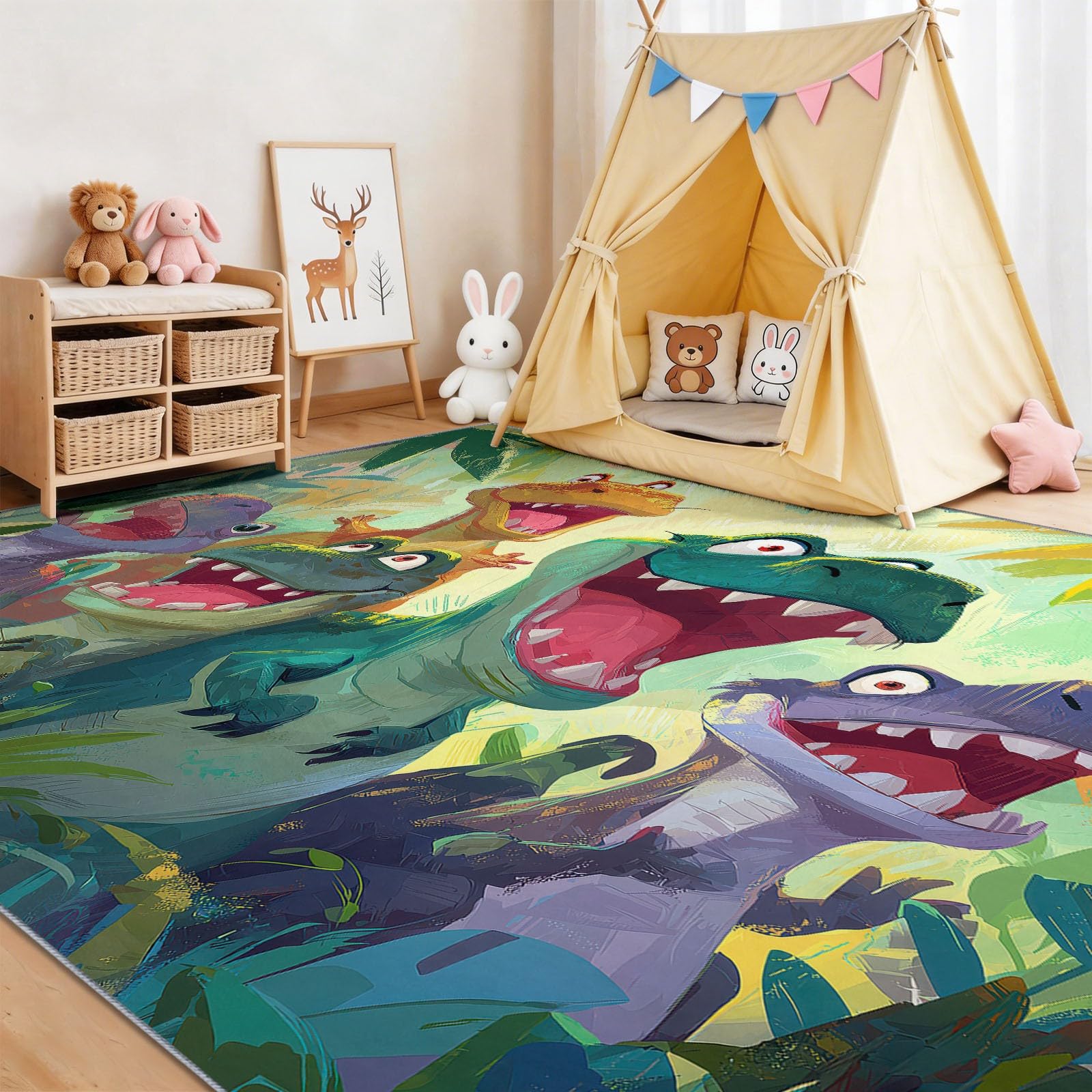 Cartoon Tyranozaur Rex Jungle do salonu 160 x 230 cm, zielony dywan z nadrukiem, można prać w pralce, antypoślizgowy z krótkim włosiem do sypialni i salonu, nowoczesny design