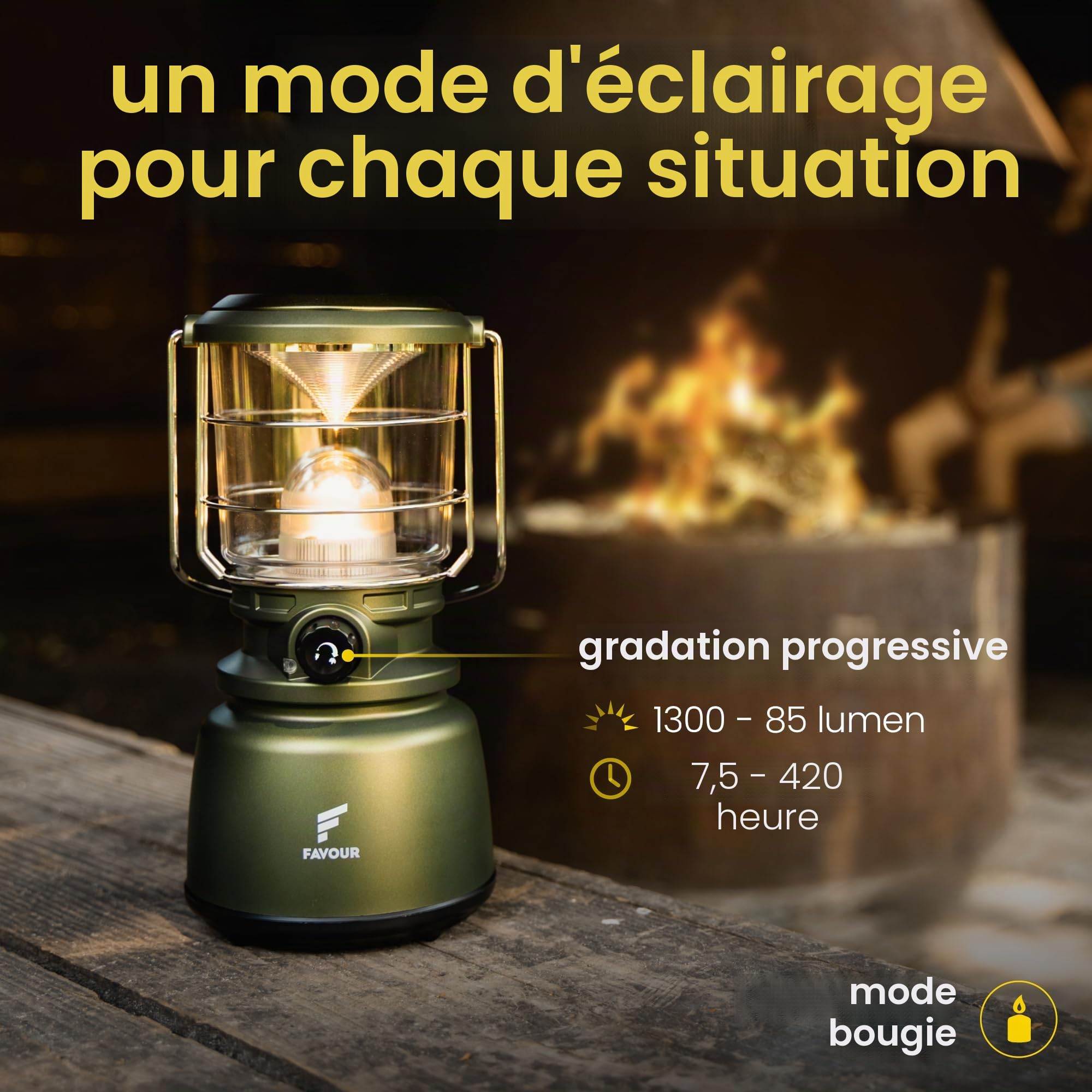 Favour Lampe LED Camping puissante 1300 Lumens | Lanterne exterieur IP64 Étanche, Fonctionne sur piles, température de couleur réglable dont Mode Bougie | Lampe de tente, éclairage à 360 degrés