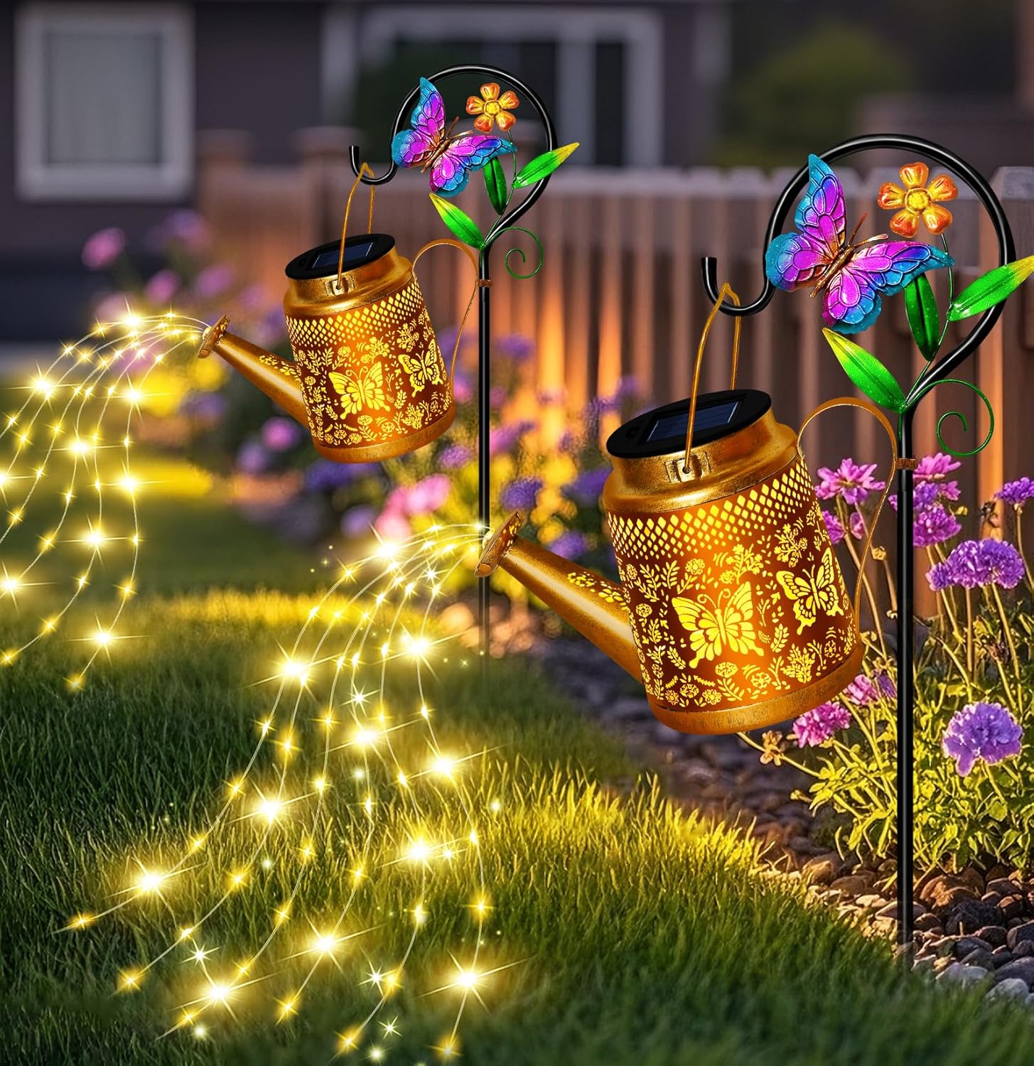 Solar Watering Can Lights,2 Pack Butterfly Lanterns with Butterfly Shepherd Hook,Waterproof Solar Garden Lights for Landscape Pathway Yard Backyard,Garden Decor Gifts for Mom Grandma Women