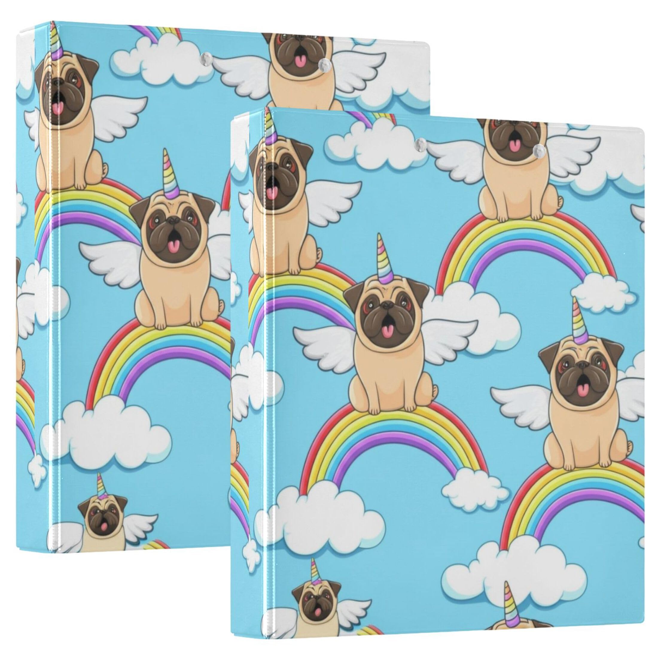 Cute Pug RainbowUnicorn - Raccoglitori a tre anelli da 3,8 cm, contiene 200 fogli carini a 3 anelli, 31,5 x 27 x 6 cm, confezione da 2