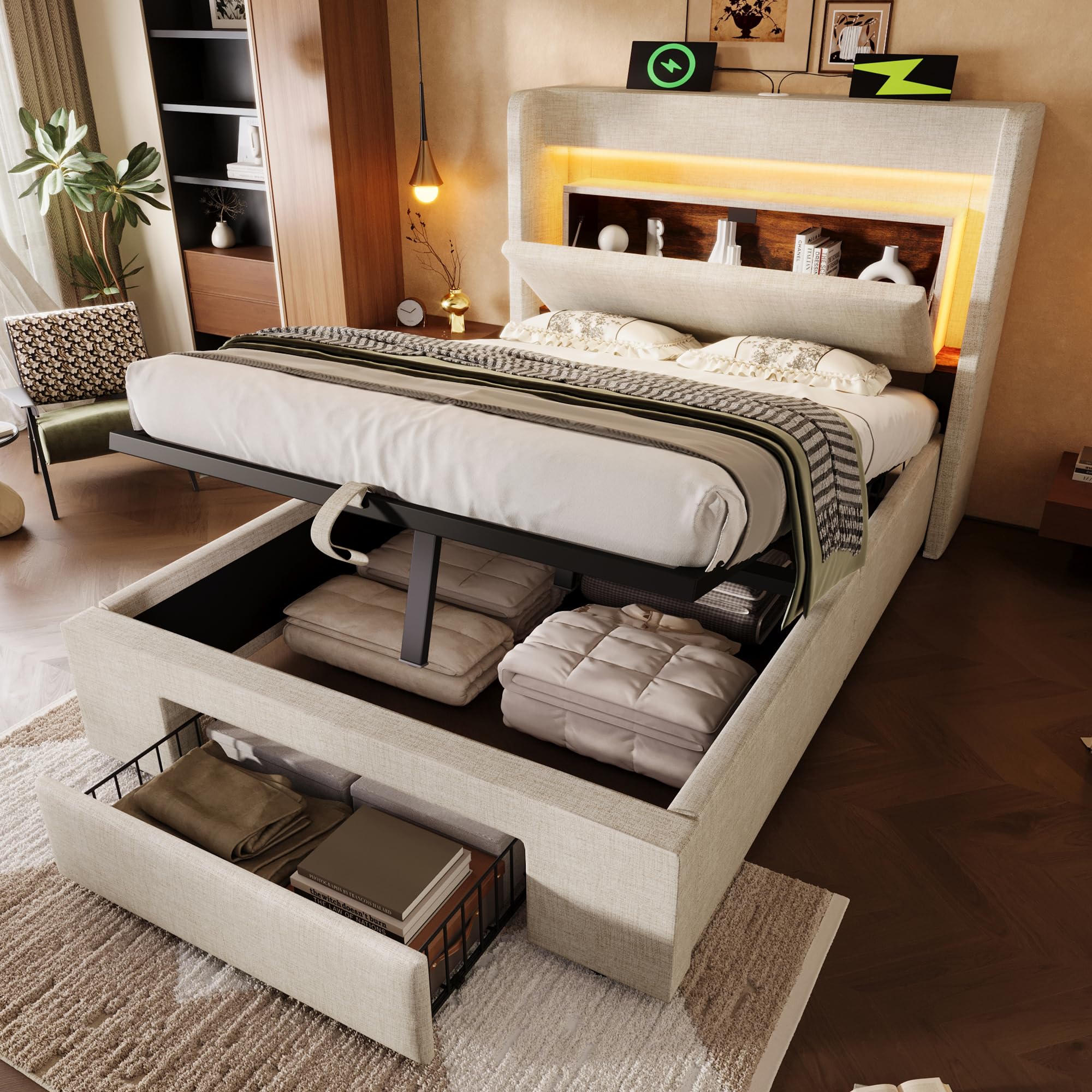 Cama 90x200 cm Camas Juveniles con USB y LED, Cama Individual Tapizada con Almacenamiento Abatible y Cajón, Camas Infantiles Individuales con Almacenaje Hidráulico, Lino, Sin Colchón, Beige