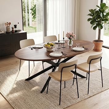 Oval Wooden Extendable Dining Table 6-8 People with Black Metal Leg, Walnut