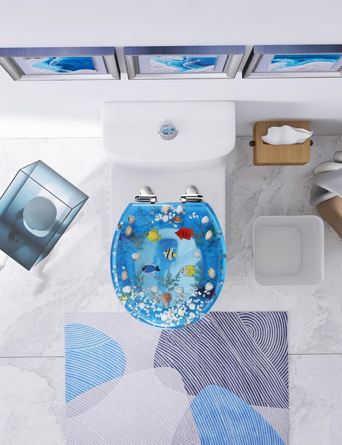 Angol Shiold Resin Toilet Seat Round Soft Close Quick Release 3D Effects Heavy Duty Toilet Seats with Blue Fish Seashells Cover Acrylic Seats Ocean Series (Round 17inch, Blue,Upgraded hinge)