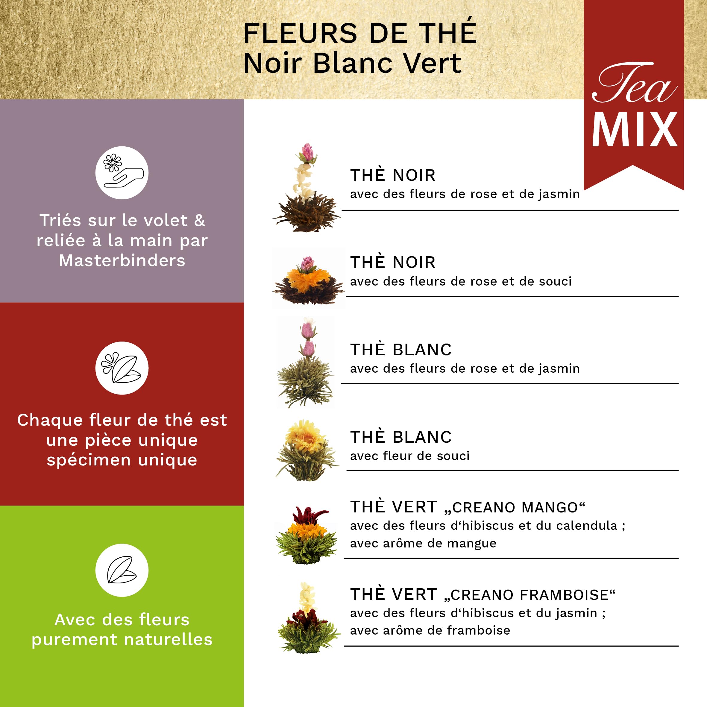 Creano Coffret Cadeau d'Or Fleurs de Thé Mix 6 pcs – Théière en Verre 500ml sans goutte – Thé Blanc, Vert & Noir – Idée Cadeau Femme, Maman, Anniversaire