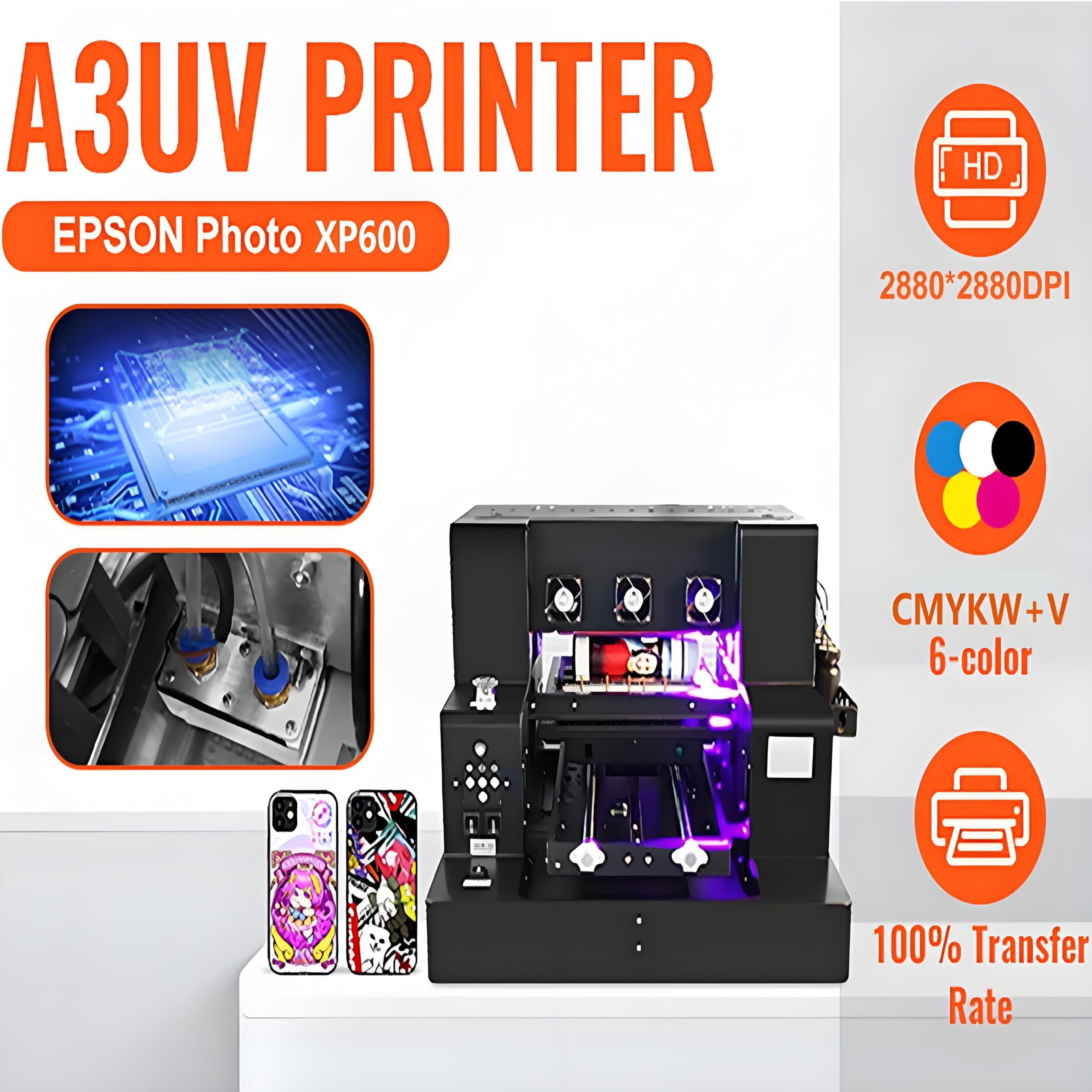 Stampante A3 UVV XP600 Stampanti a Getto D'inchiostro Multifunzione Colori Inkjet Flatbed A3UV Stampante,per Legno,Flacone,Acrilico,PVC,Custodia per Telefono,Metallo etc,con inchiostro