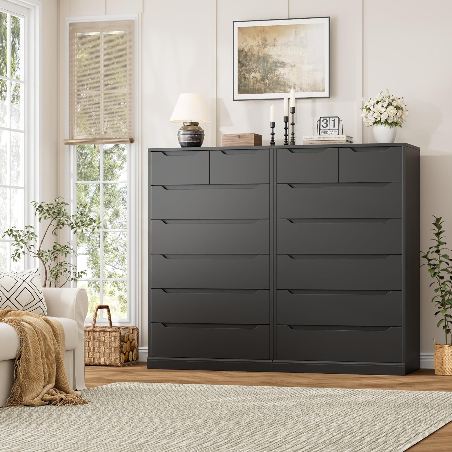 HITHOS 51" Tall 7 Drawers Dresser, Modern Black Dresser, Wood Dressers & Chests of Drawers with Cut-Out Handles, Upright Drawer Chest, Accent Vertical Dressers Storage Cabinet for Living Room, Black