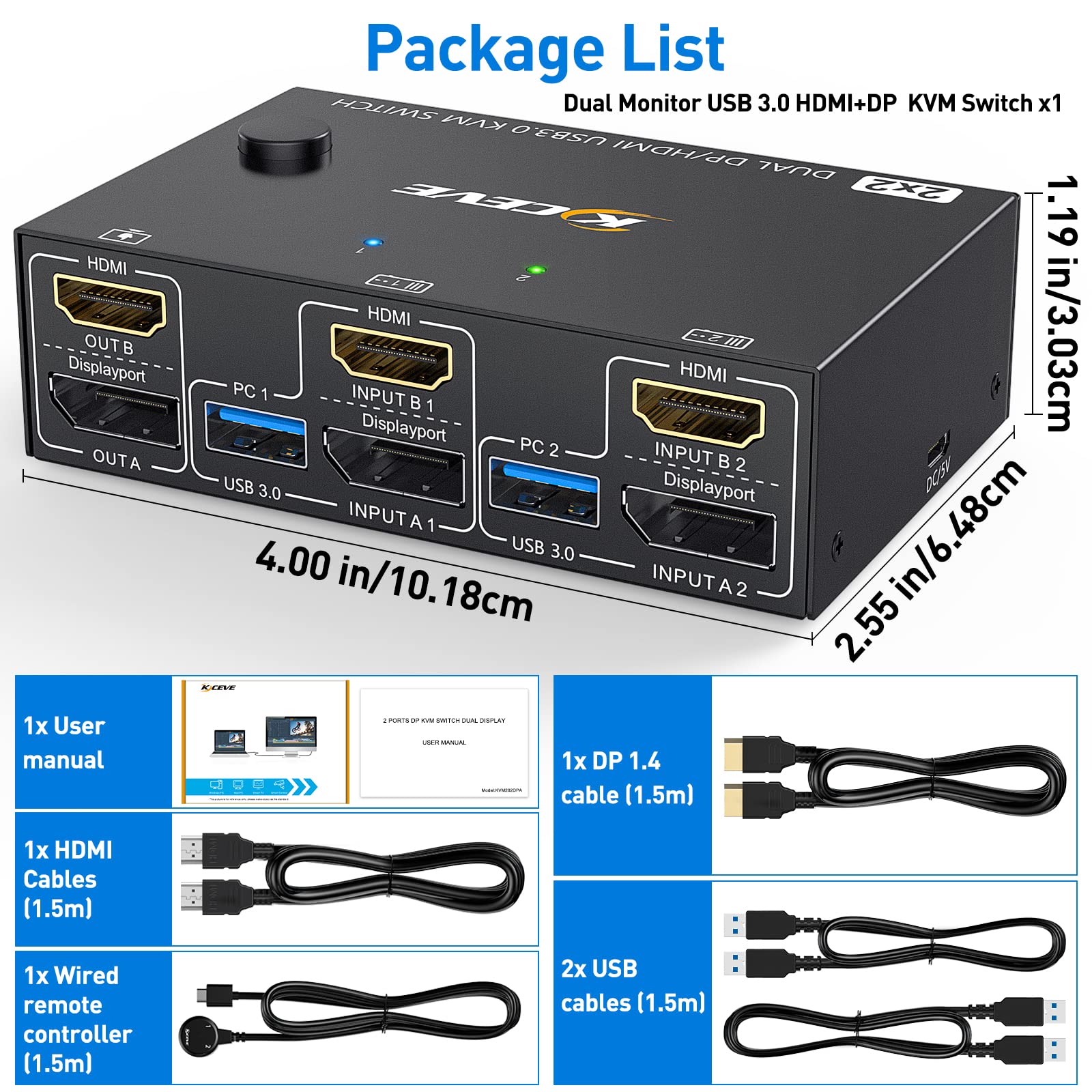 DP + HDMI KVM Switch 2 Computer 2 Monitor, Due Monitor Displayport USB 3.0 KVM Commutatore per due monitor, Supporta 4K@60Hz per 2 computer che condividono tastiera, mouse e monitor