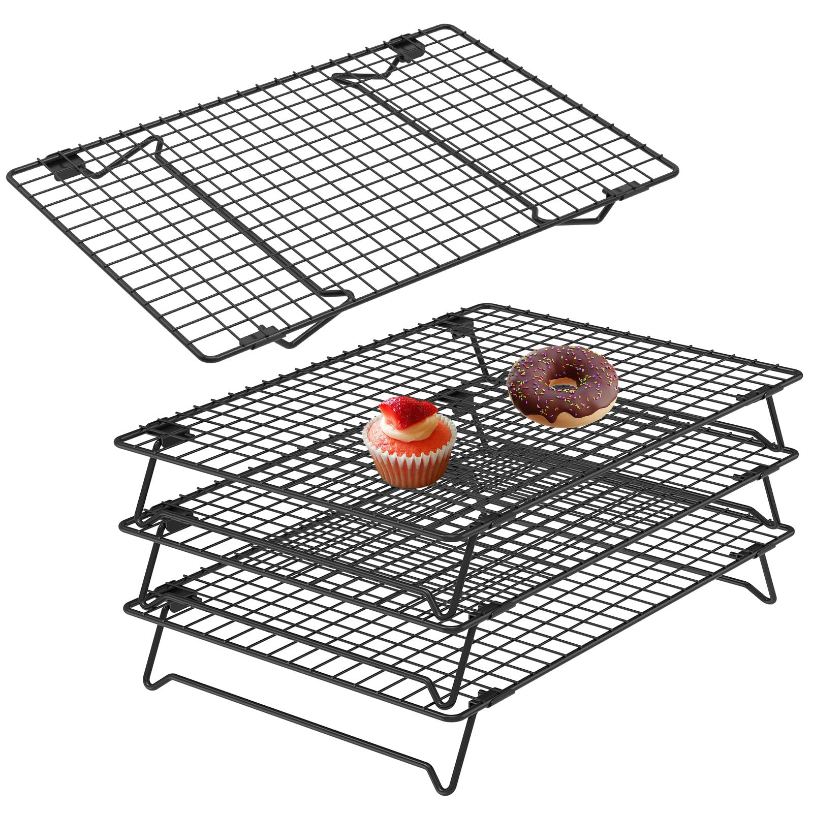 shaojian Cooling Racks for Baking, Non Stick Stackable Cooling Rack for Baking Muffins, Cake, Cookies & Biscuits, Space Saving Collapsible Oven Wire Tray for Cooking Roasting Grilling 34x24cm(4-Tier)