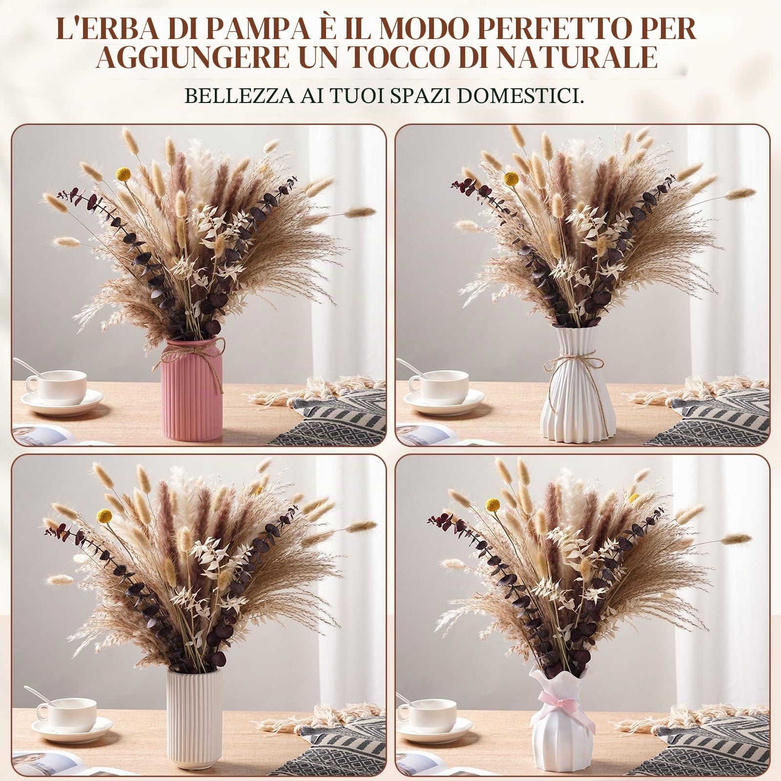 89 PCS Bouquet di Pampas Grass Essiccato, Decorazione Boho per Matrimoni, Tavoli e Casa | Erba della Pampa Bianca e Marrone | Bunny Tails, Fiori Secchi per Eventi Rustici e Arredamento Estiv