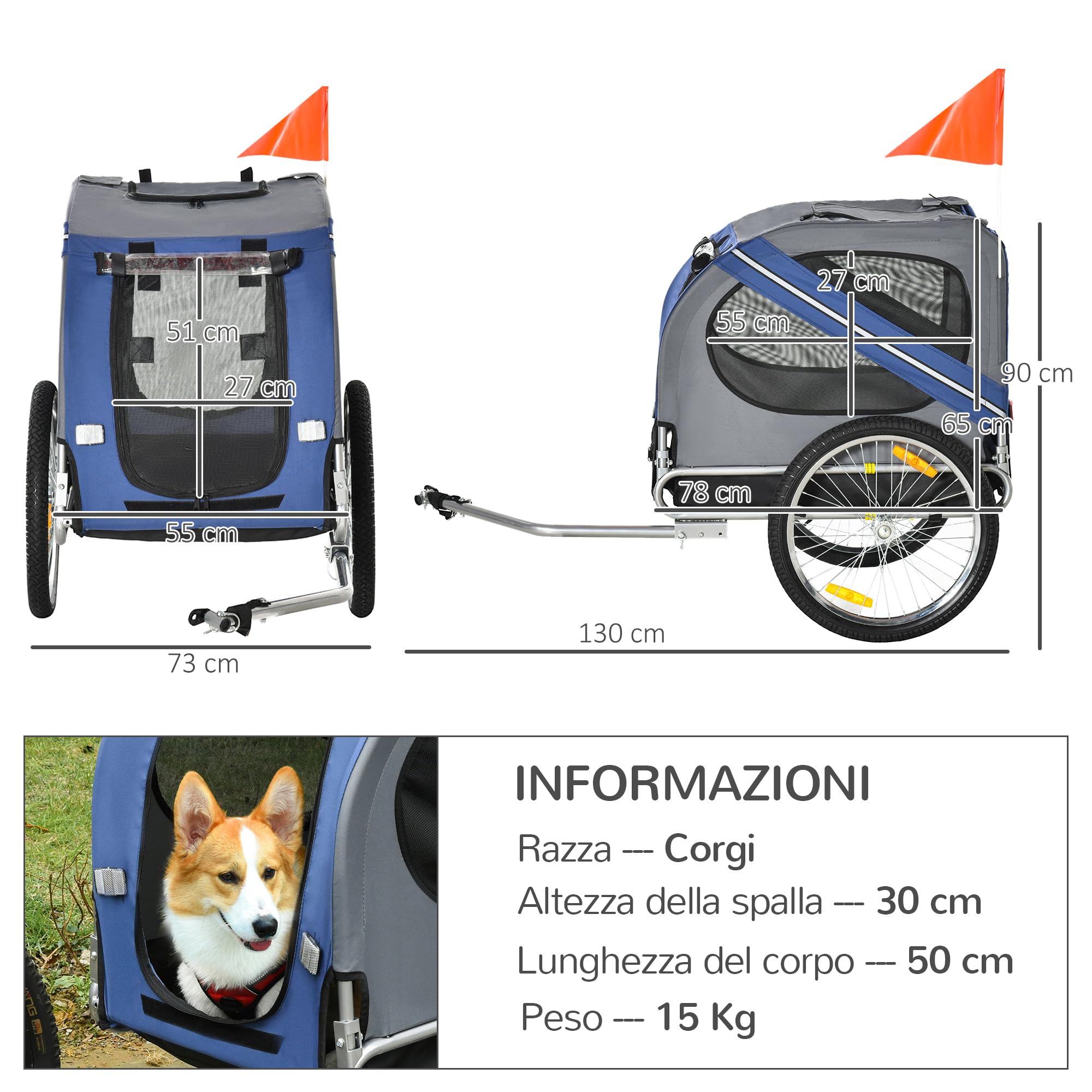 PawHut Rimorchio da Bicicletta per Cani e Gatti 2 Grandi Ruote da 50cm Buona Ventilazione Bandiera di Sicurezza Resistente alle Intemperie Acciaio e Tessuto Oxford