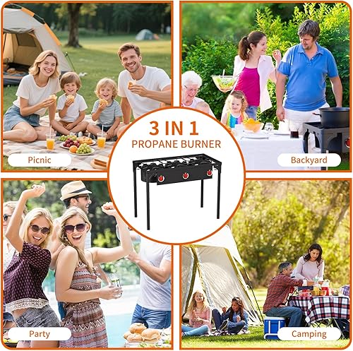 Miniatura 6 de Quemador de propano de alta presión, estufa de campamento de 3 quemadores con patas desmontables, quemador de estufa de gas propano de 225,000 BTU