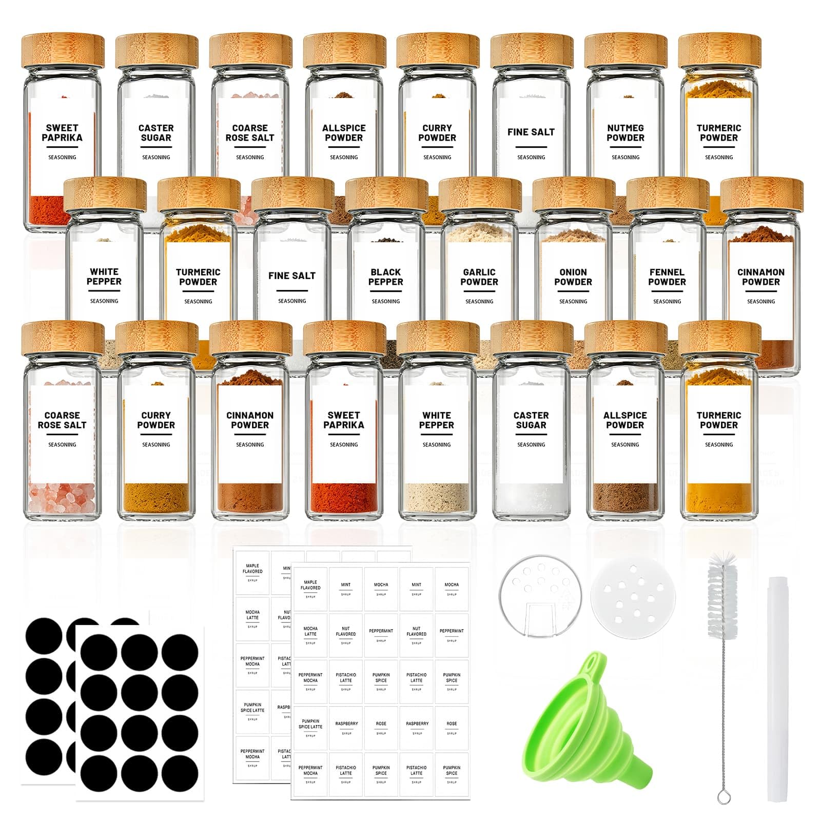 Eidoct Lot de 24 pots à épices en verre avec couvercle en bois - 120 ml - Avec couvercles et étiquettes - Convient pour les restaurants et la maison - Chaque lot comprend un pinceau, un marqueur pour