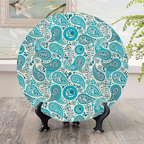 Miniatura 9 de LIGUTARS Platos de cerámica, platos de cerámica decorativos turquesa, curvas florales simétricas circulares simétricas, 10 pulgadas, para comedor,