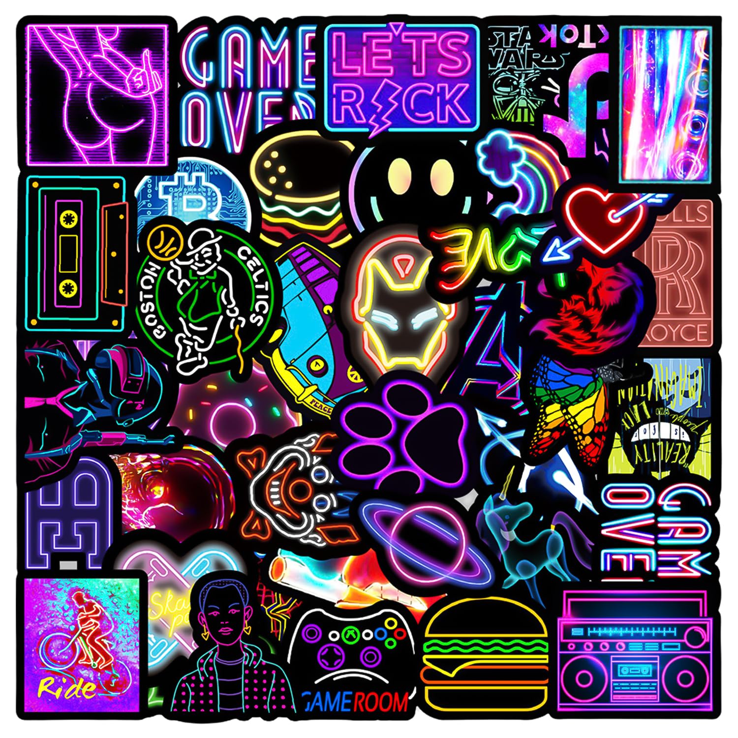 100 Pieces Scrapbook Decorative Stickers, Manual Stickers, Bike, Skateboard Stickers, Neon Decorative Stickers, Waterproof Fun Stickers, Holographic Self-Adhesive Stickers