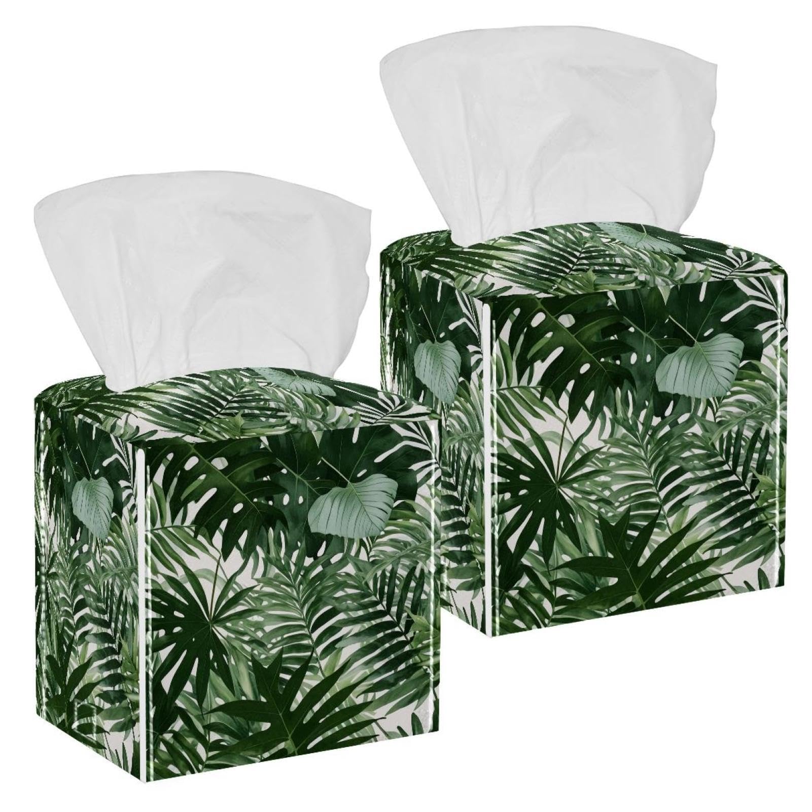 Tropical Palm Tissue Box Cover, 2 Pack PU Leather Square Facial Tissue Dispenser Box holder for Home Office Car