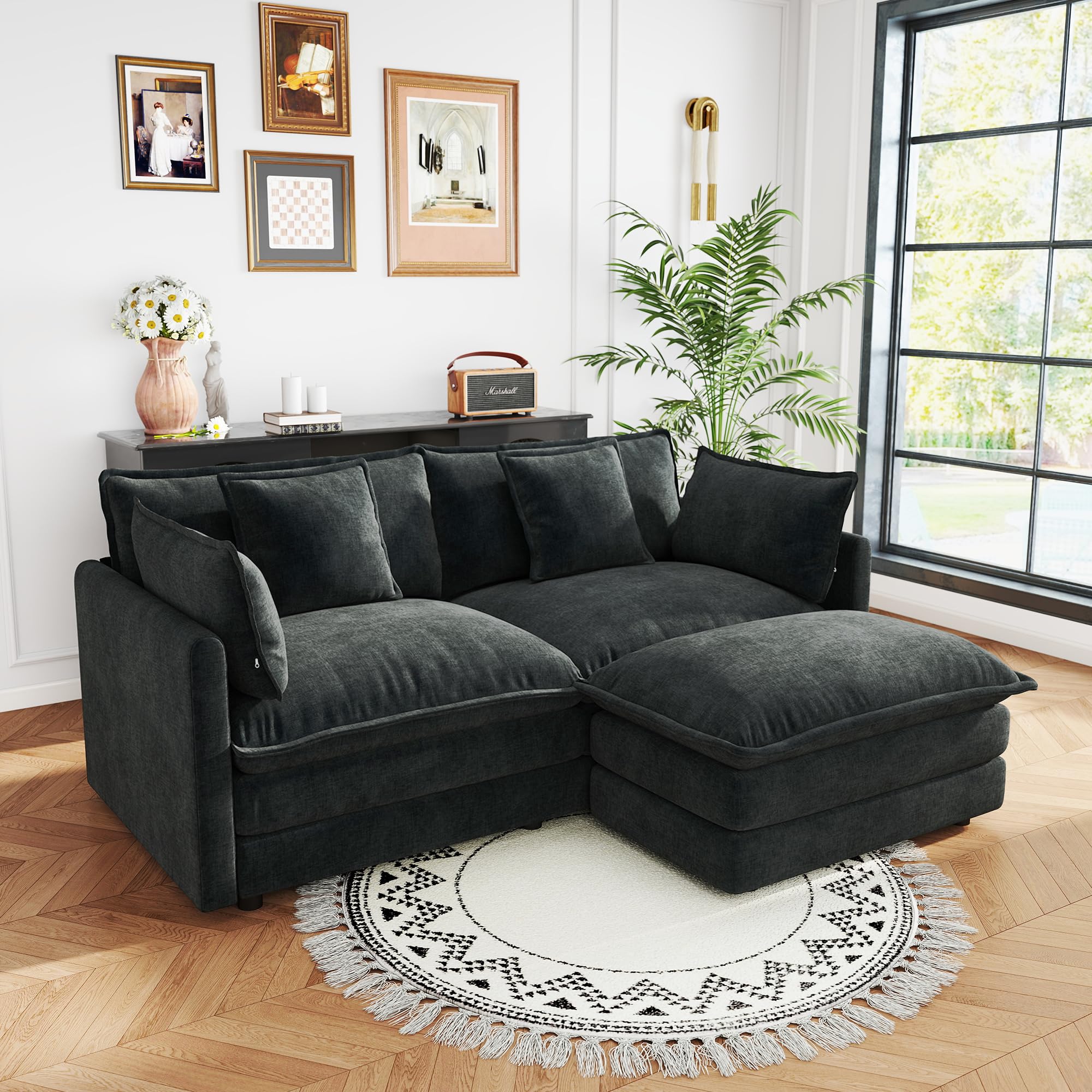 Ravy Concept Sectional Sofa 2 Seater with Movable 1 Ottoman,Oversized Modular Couch Deep Seat (Black, 76.7 inch-L)