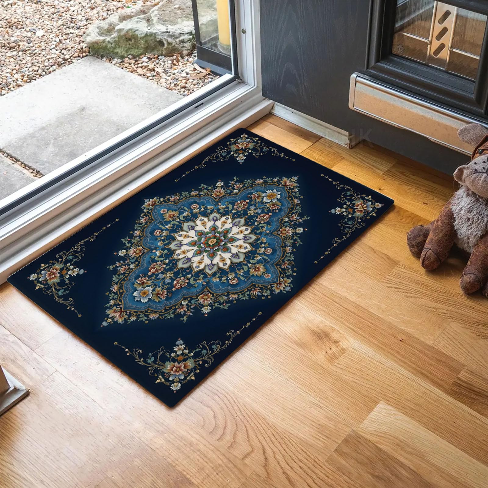 Tapis Bleu foncé Style de tapis persan Motif floral géométrique Élégantes Paillasson Exterieur Entree Paillasson Interieur Antidérapant Lavable Tapi Entree Interieur pour Cuisine Couloir 80 x 120 cm
