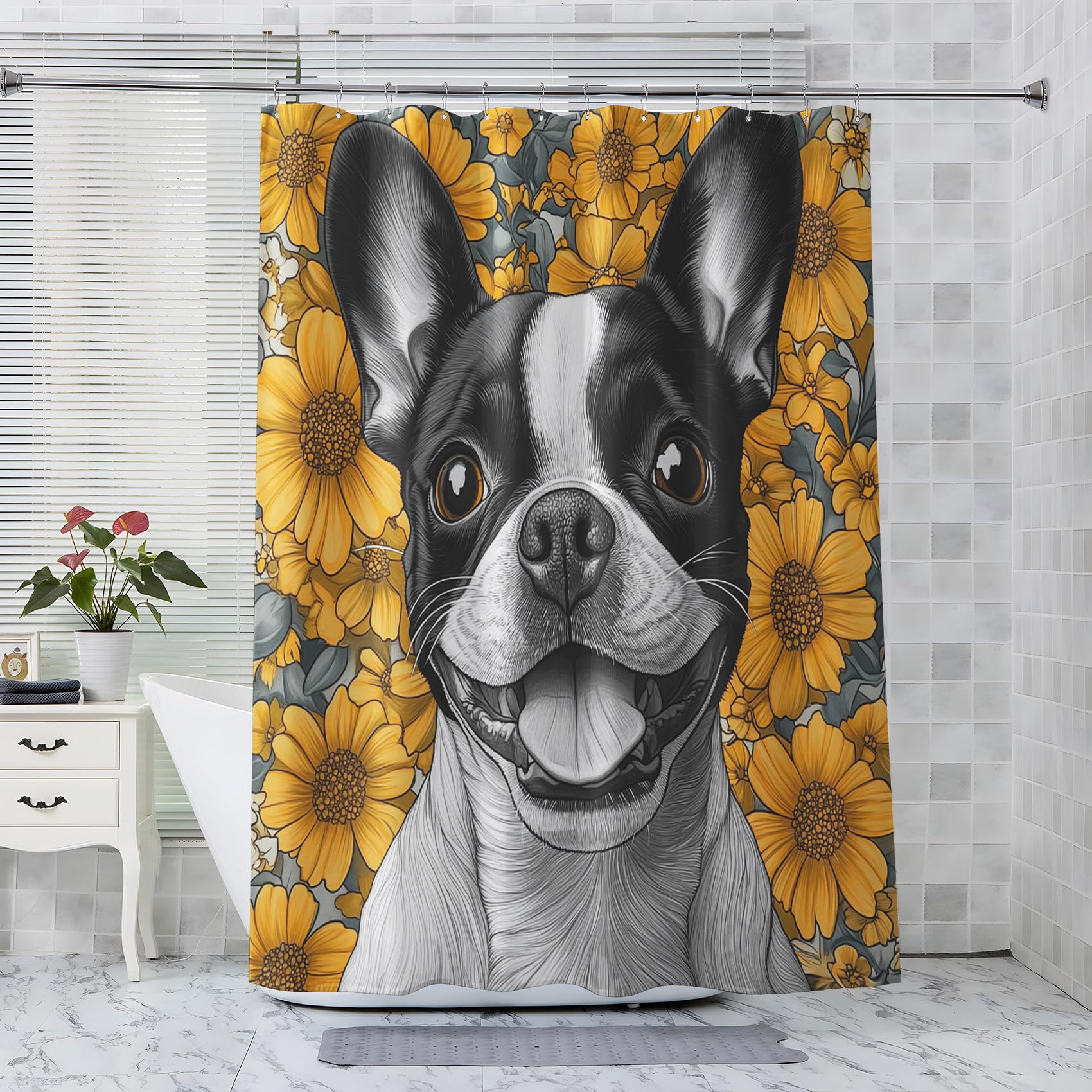 Rideau de douche Boston Terrier 180x200 en tissu lavable imperméable pour baignoire