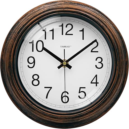 TAHEAT 8.5 Inch Wall Clock, Battery Operated Silent Non Ticking - Vintage Gold Copper Kitchen Clock for Living Room, Bedroom, Office, Bathroom - Easy to Read Retro Decorative Wall Clocks​