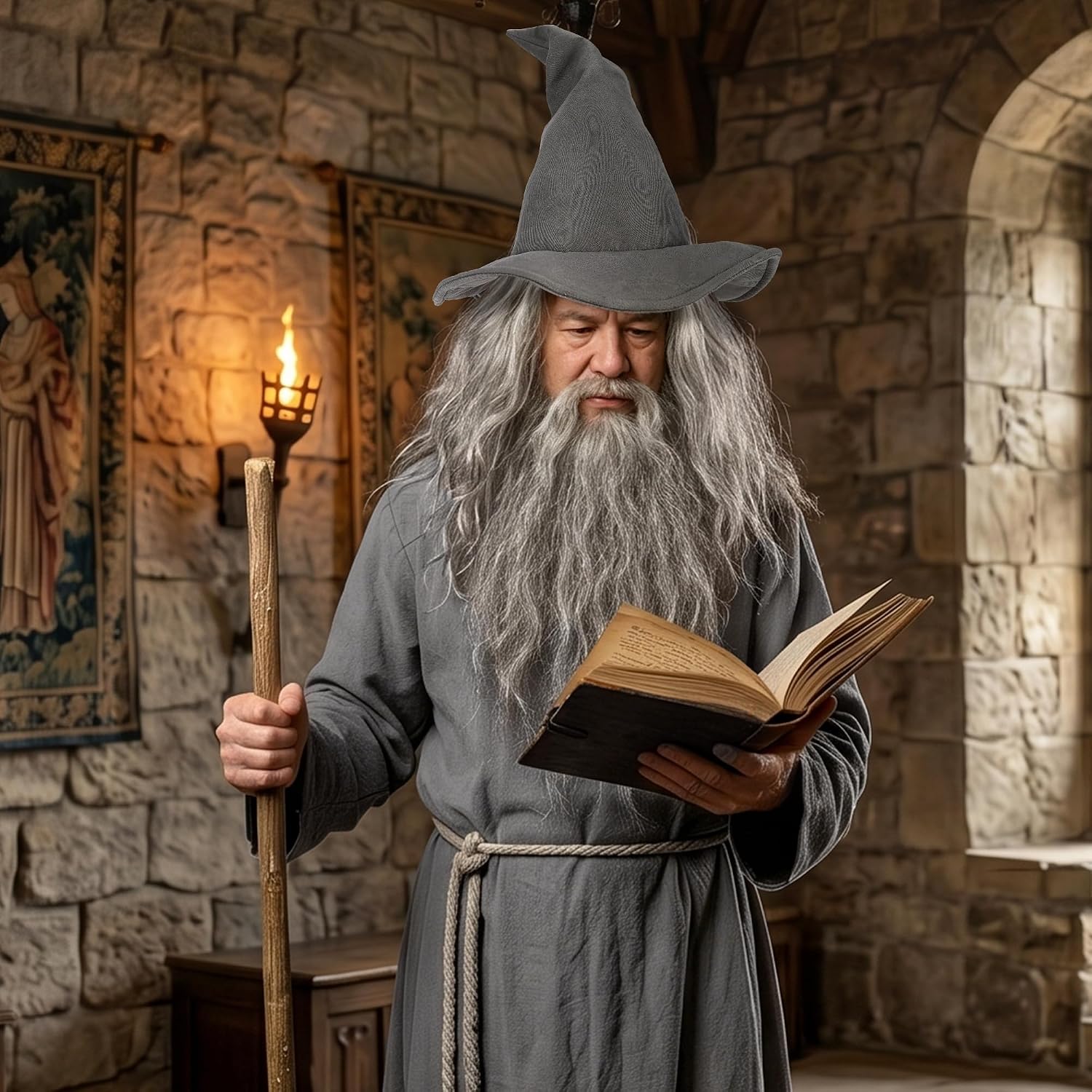 Forwe 5Pcs Wizard Costume for Adults, Grey Wizard Robe, Hat, Wig, Beard and Waist Rope, Halloween Cosplay Costumes For Men
