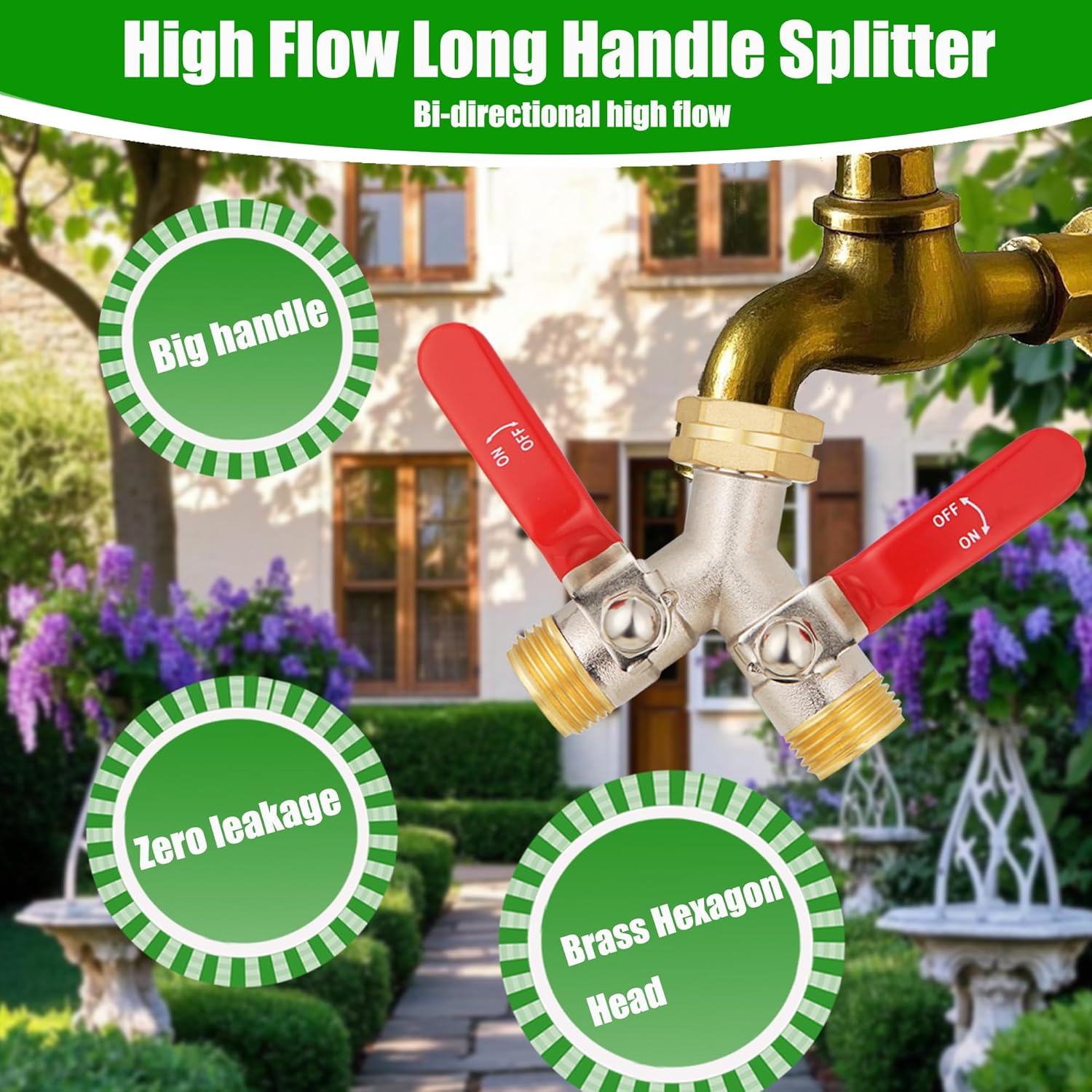 EJW Brass Hose Splitter, High Flow Splitters, Garden Hose Splitter, 2 Way Water Splitter, Faucet Splitter, Heavy Duty Splitter, Valve 3/4 Inch GHT Thread