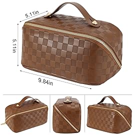 Large Capacity Travel Cosmetic Bag - Portable Makeup Bags for Women Waterproof PU Leather Checkered Makeup Organizer Bag with Dividers and Handle,Toiletry Bag for Cosmetics, Brown
