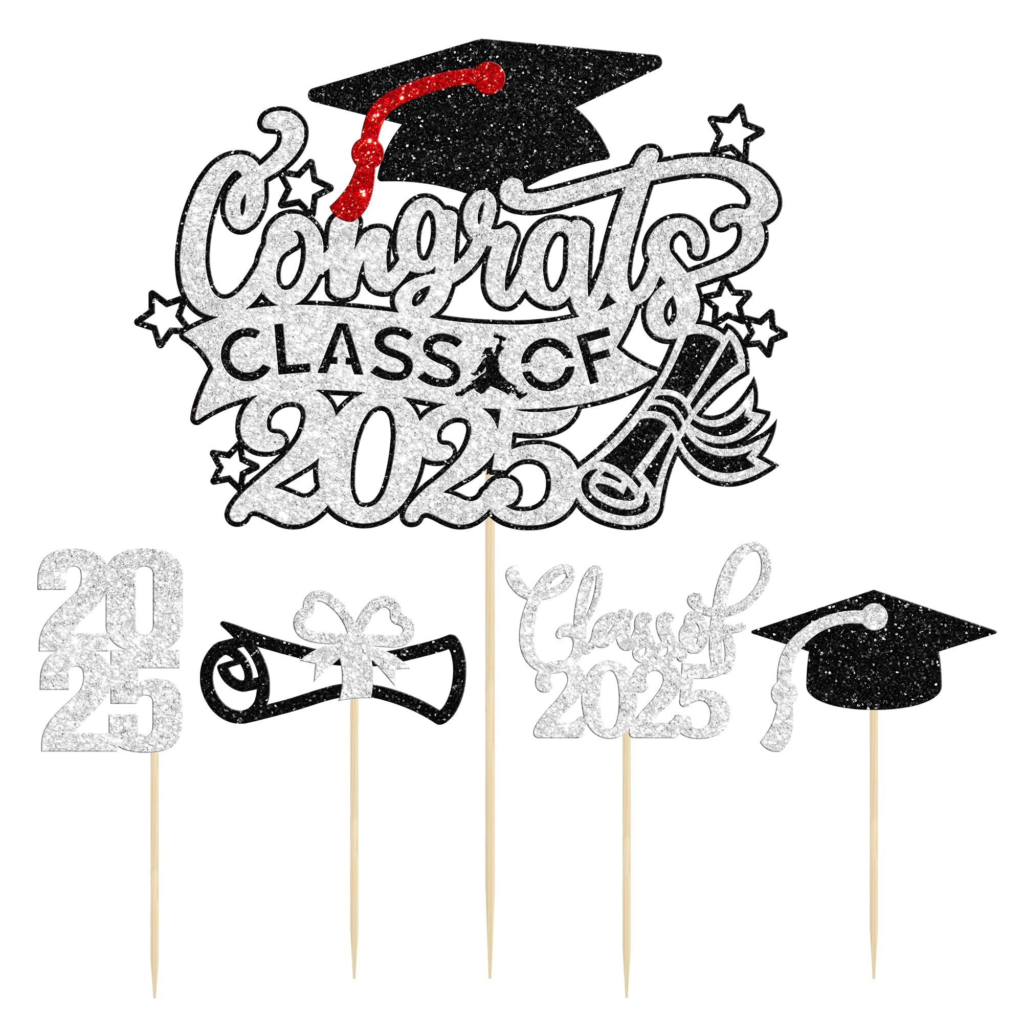 Gyufise 25Pcs Graduation Cupcake Toppers Congrats Grad Class of 2026 Cake Decoration for We Are Proud of You Themed Graduation Cap Diploma Cake Decorations Iโm Done Party Supplies Black Silver - Image 3