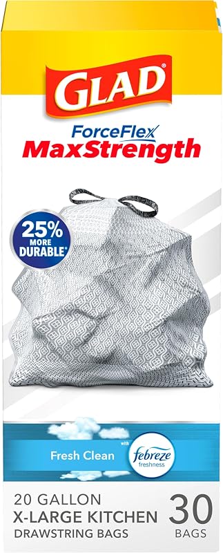 Bolsas de basura Glad ForceFlex MaxStrength XL, 20 gal, limpieza fresca, 30 unidades (el paquete puede variar)