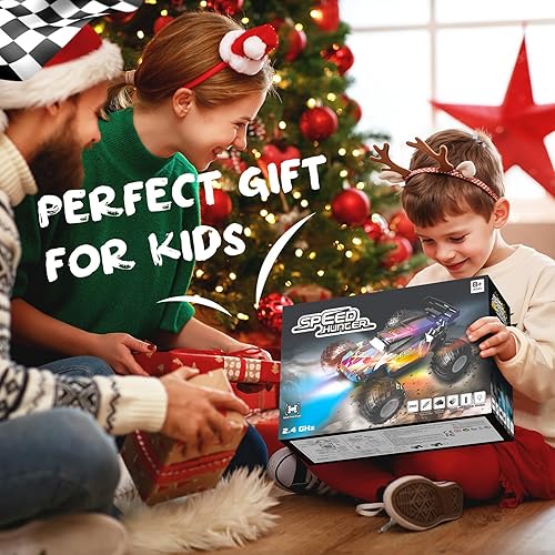 Miniatura 9 de Auto a control remoto, camión todoterreno a control remoto 2WD, 20 KMH todo terreno con faros delanteros y luces de cuerpo, 2.4 GHz, 2 baterías,