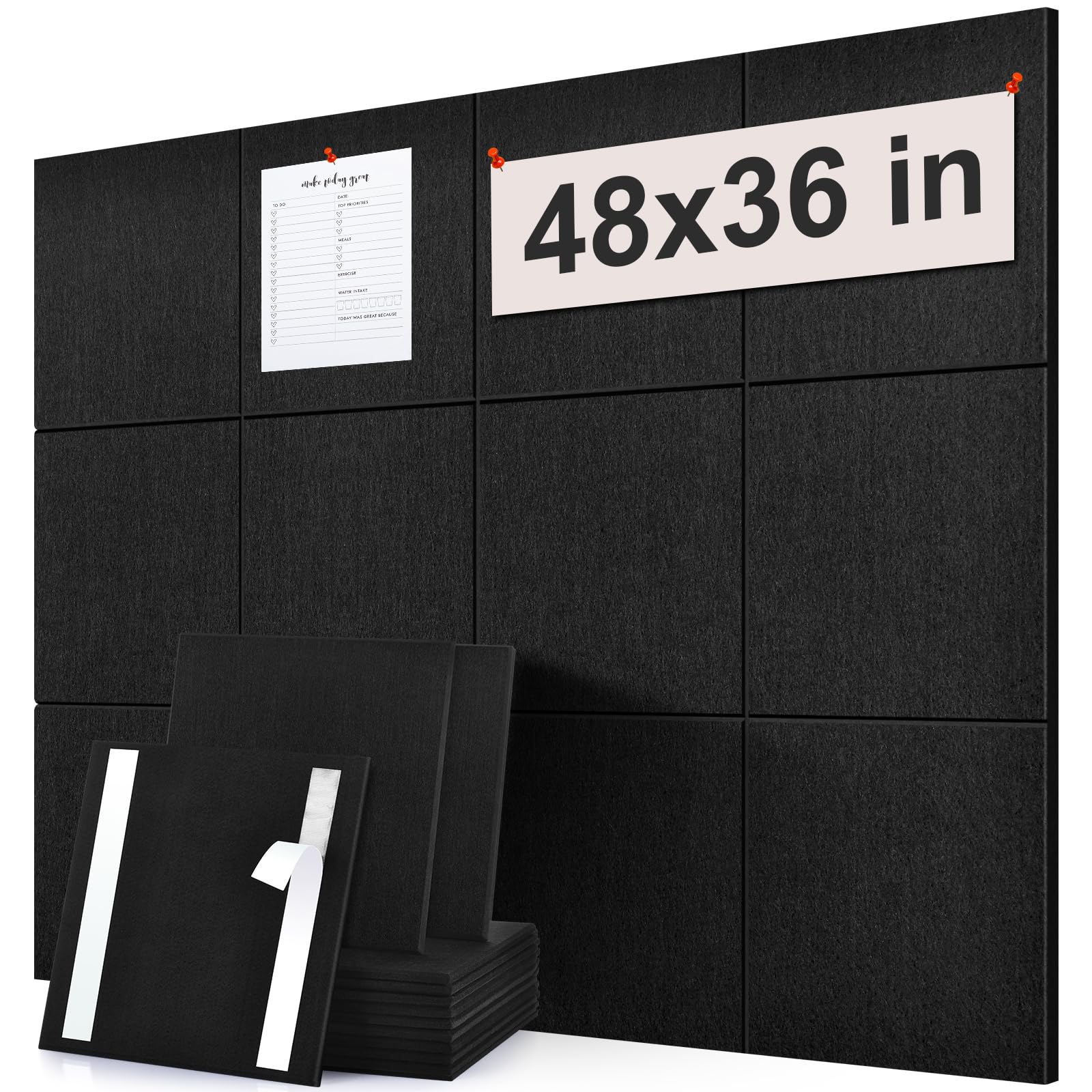 Extra Large Cork Board Subsitute - 48"x36" Super Bulletin Board - 12 Pack Black Felt Board for Home&Office Wall Decor with Noise Reduction