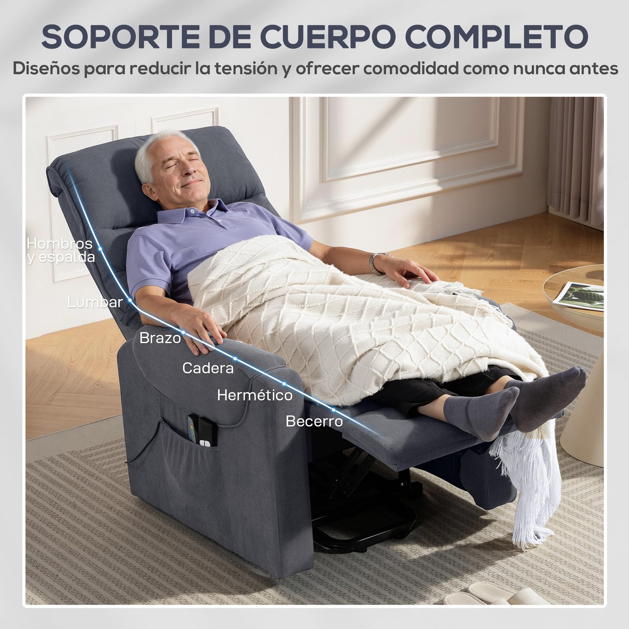 HOMCOM Sillón Relax Reclinable Eléctrico Levanta Personas, 8 Puntos de Masaje, 2 Controles Remotos, Gris