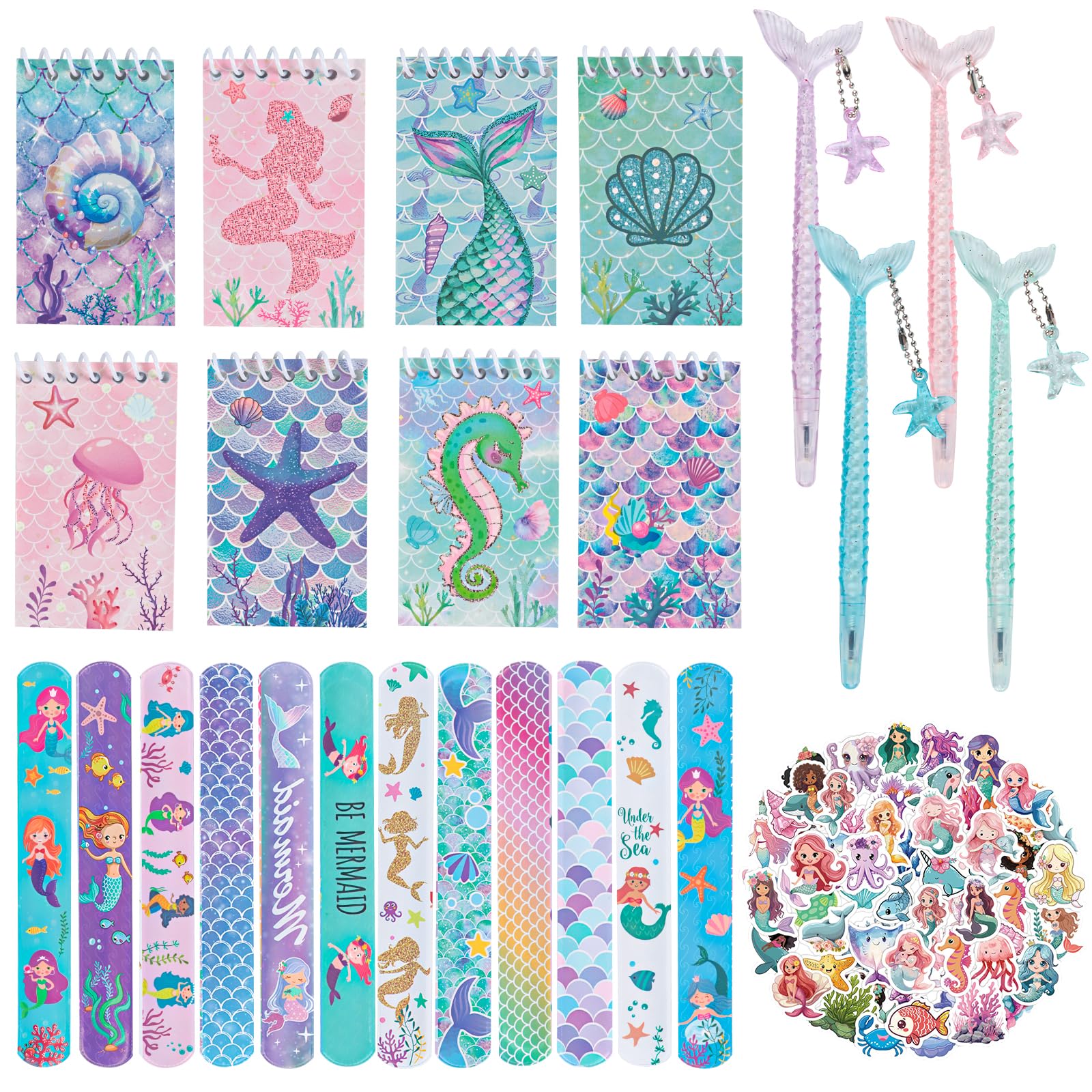 Regali Feste Bambini Sirena, 8 Quaderni a Spirale, 8 Penne Neutre, 12 Braccialetti, 50 Adesivi, Bomboniere Sirena Feste Compleanno, Regali per Ragazze