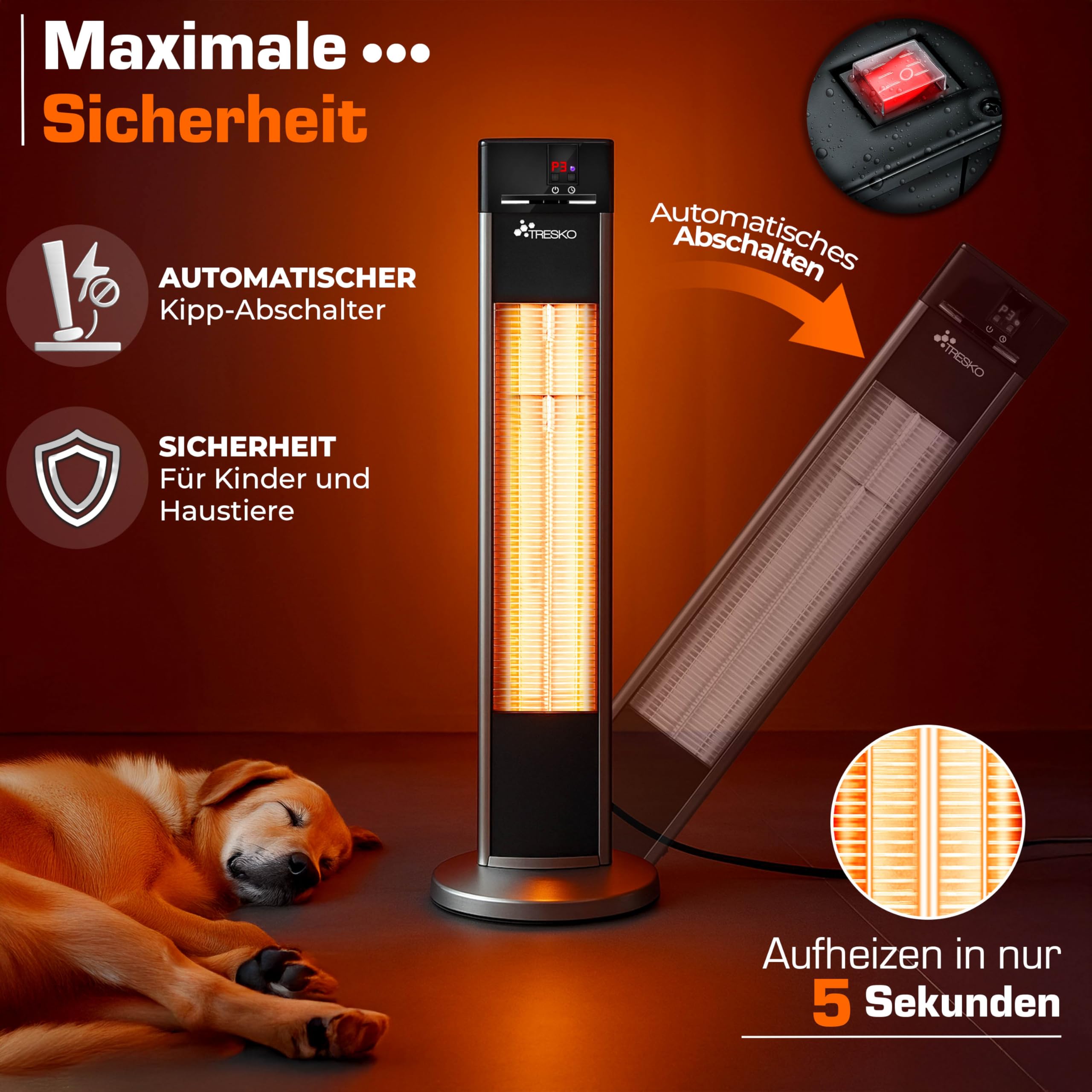 TRESKO Infrarot Stand-Heizstrahler 2000W mit Fernbedienung | Wärmestrahler Terrasse elektrisch mit 3 Heizstufen | Terrassenstrahler Innen & Außen | Infrarotstrahler mit LED-Anzeige
