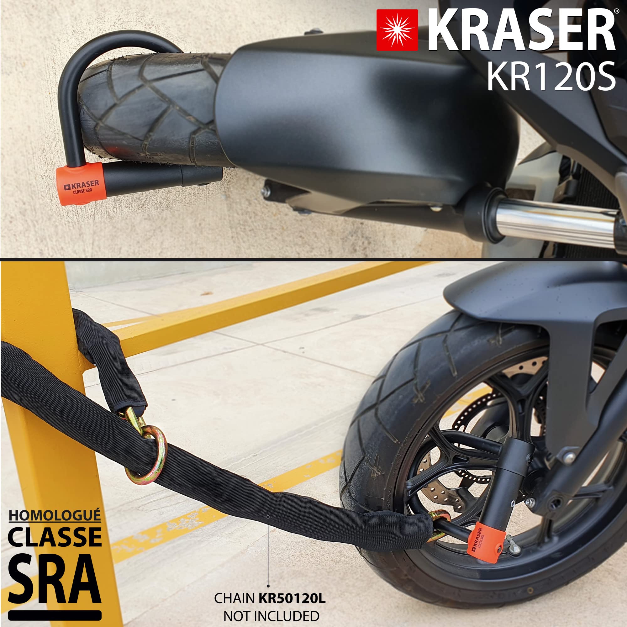 KRASER KR120S Robusto Candado Moto U Bloqueo Cepo Rueda, Homologado SRA, Alta Seguridad Testada, Arco 120x125mm ø18mm Doble Cierre, Cerradura Antiganzua, Antirrobo U Lock para Scooter, Bici Eléctrica